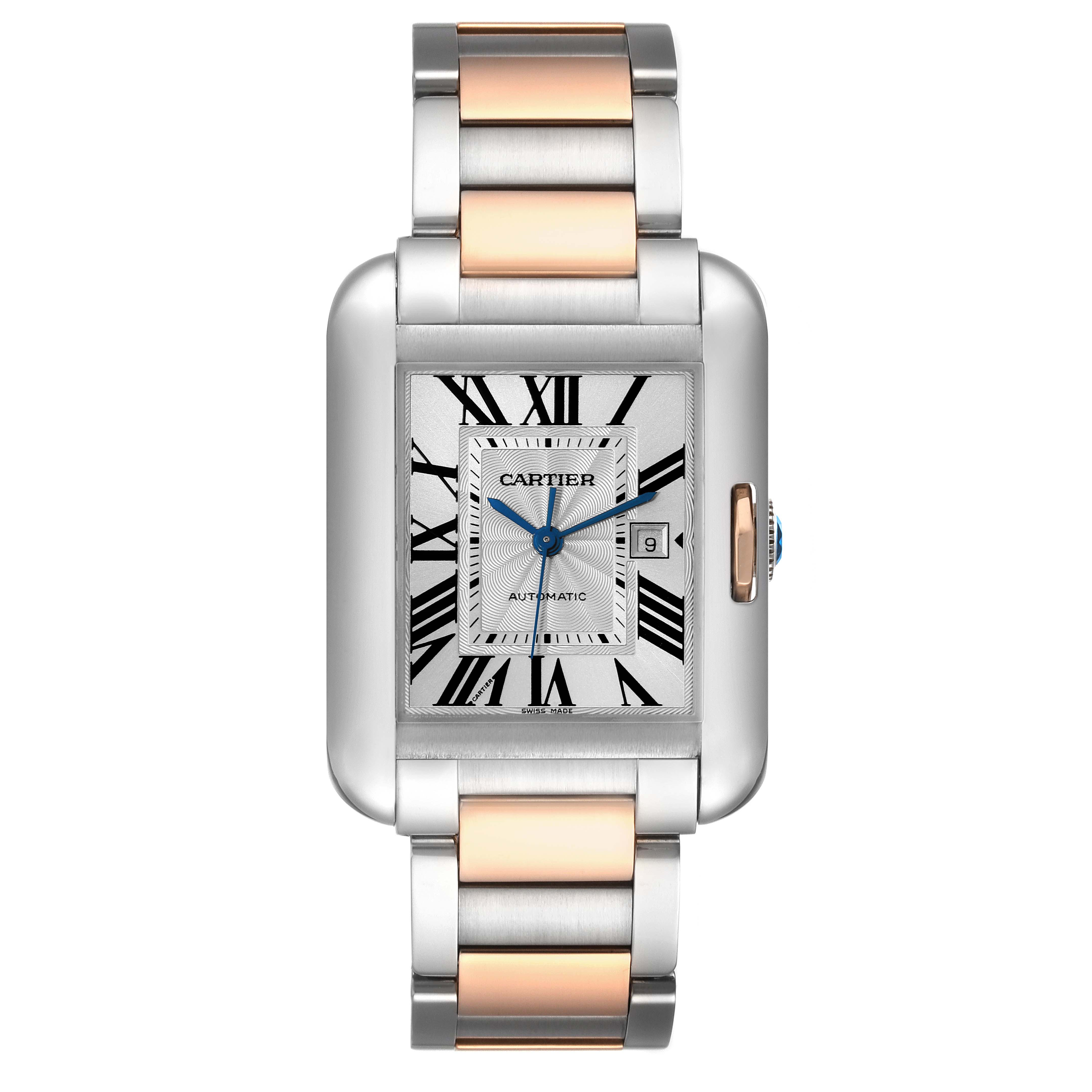 The image shows a front view of the Cartier Tank Anglaise W5310037 Men's Steel and Gold (two tone) Silver Dial W5310037 Men's Steel and Gold (two tone) Silver Dial watch, highlighting its rectangular dial, two-tone bracelet, and date function.