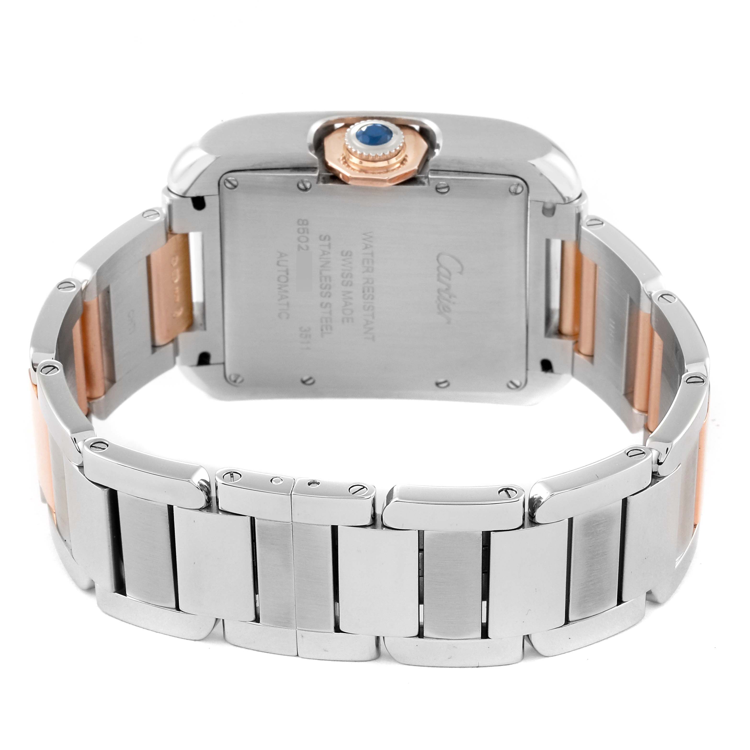 This image shows the back view of the Cartier Tank Anglaise W5310037 Men's Steel and Gold (two tone) Silver Dial W5310037 Men's Steel and Gold (two tone) Silver Dial watch, highlighting the case back and metal bracelet.