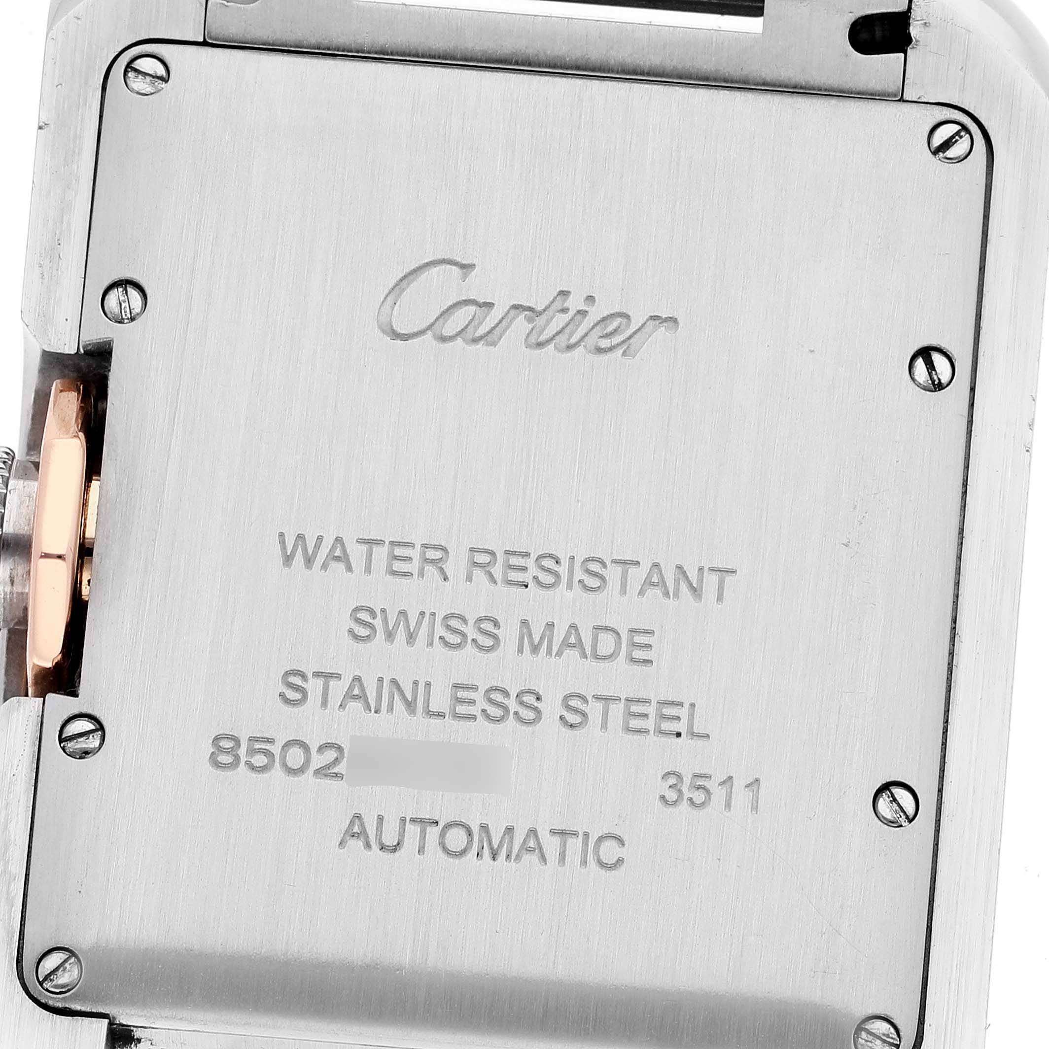 This image shows the back of a Cartier Tank Anglaise W5310037 Men's Steel and Gold (two tone) Silver Dial W5310037 Men's Steel and Gold (two tone) Silver Dial watch, highlighting its water resistance, stainless steel build, and automatic movement.