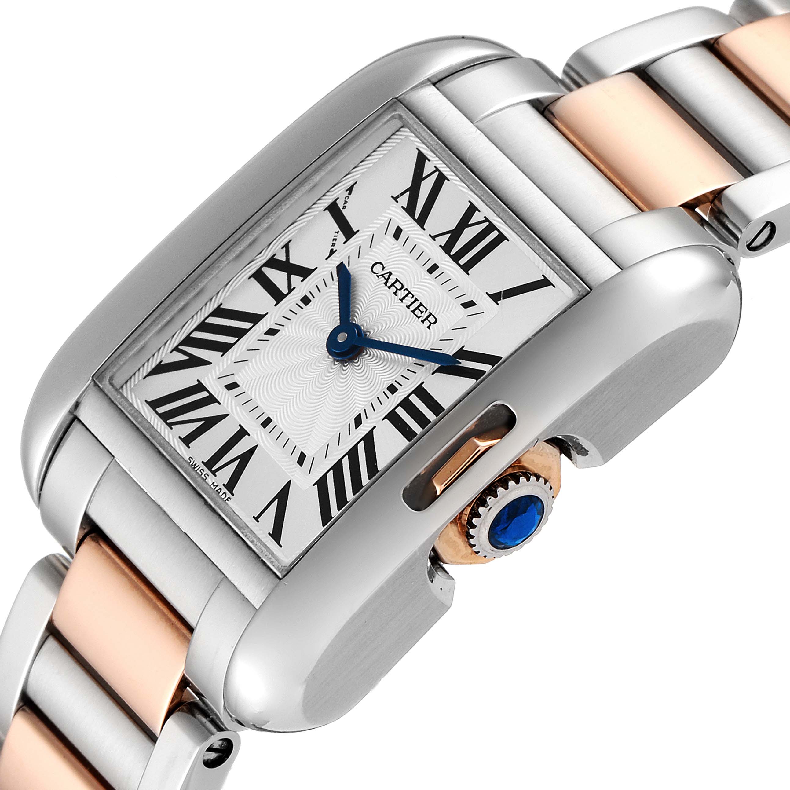 The image shows a close-up angle of a Cartier Tank Anglaise W5310036 Women's Steel and Gold (two tone) Silver Dial W5310036 Women's Steel and Gold (two tone) Silver Dial watch, highlighting the face, side crown, and part of the bracelet.