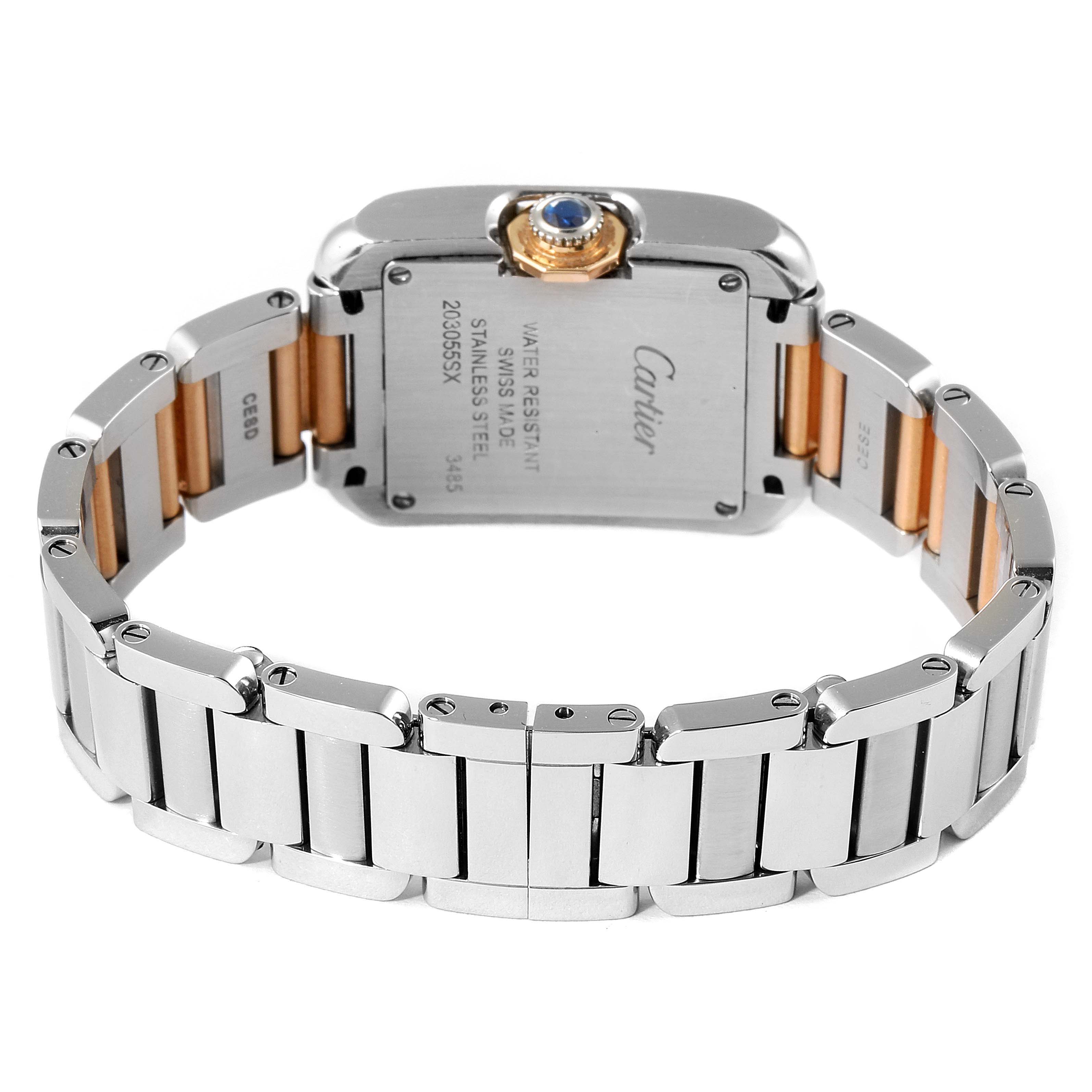 The image shows the back view of a Cartier Tank Anglaise W5310036 Women's Steel and Gold (two tone) Silver Dial W5310036 Women's Steel and Gold (two tone) Silver Dial watch, highlighting its stainless steel case and bracelet.