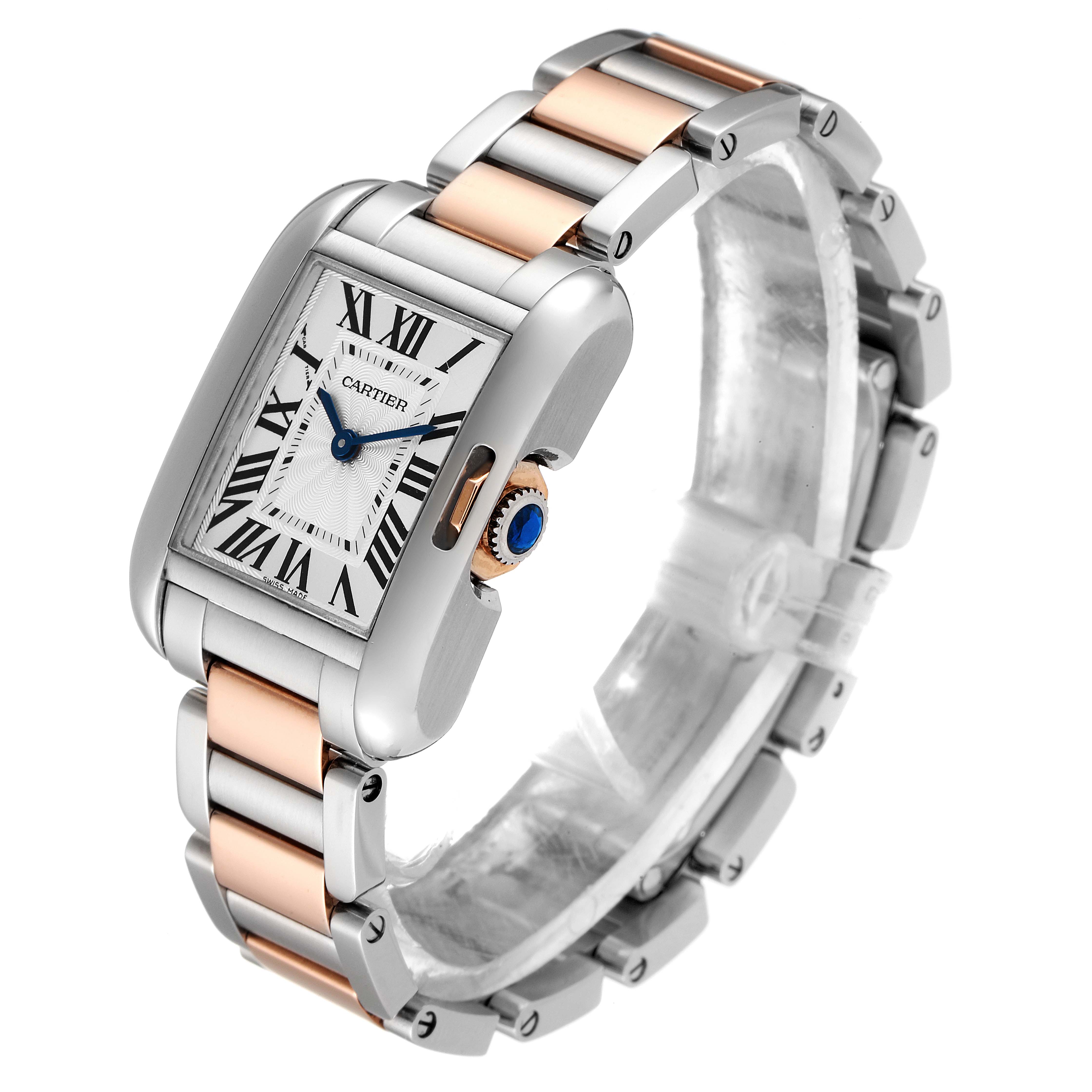 The Cartier Tank Anglaise W5310036 Women's Steel and Gold (two tone) Silver Dial W5310036 Women's Steel and Gold (two tone) Silver Dial watch is shown at a three-quarter angle emphasizing its face, bracelet, and side profile.