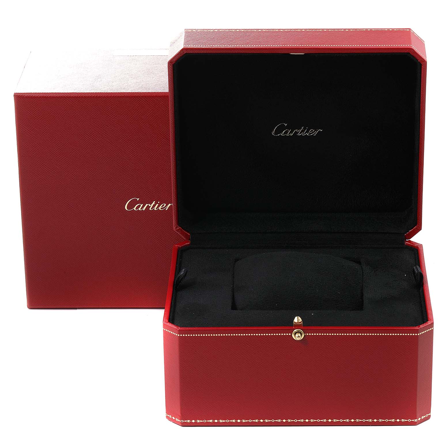 The image shows an open red Cartier watch box with a black interior, likely for the Tank Anglaise model.