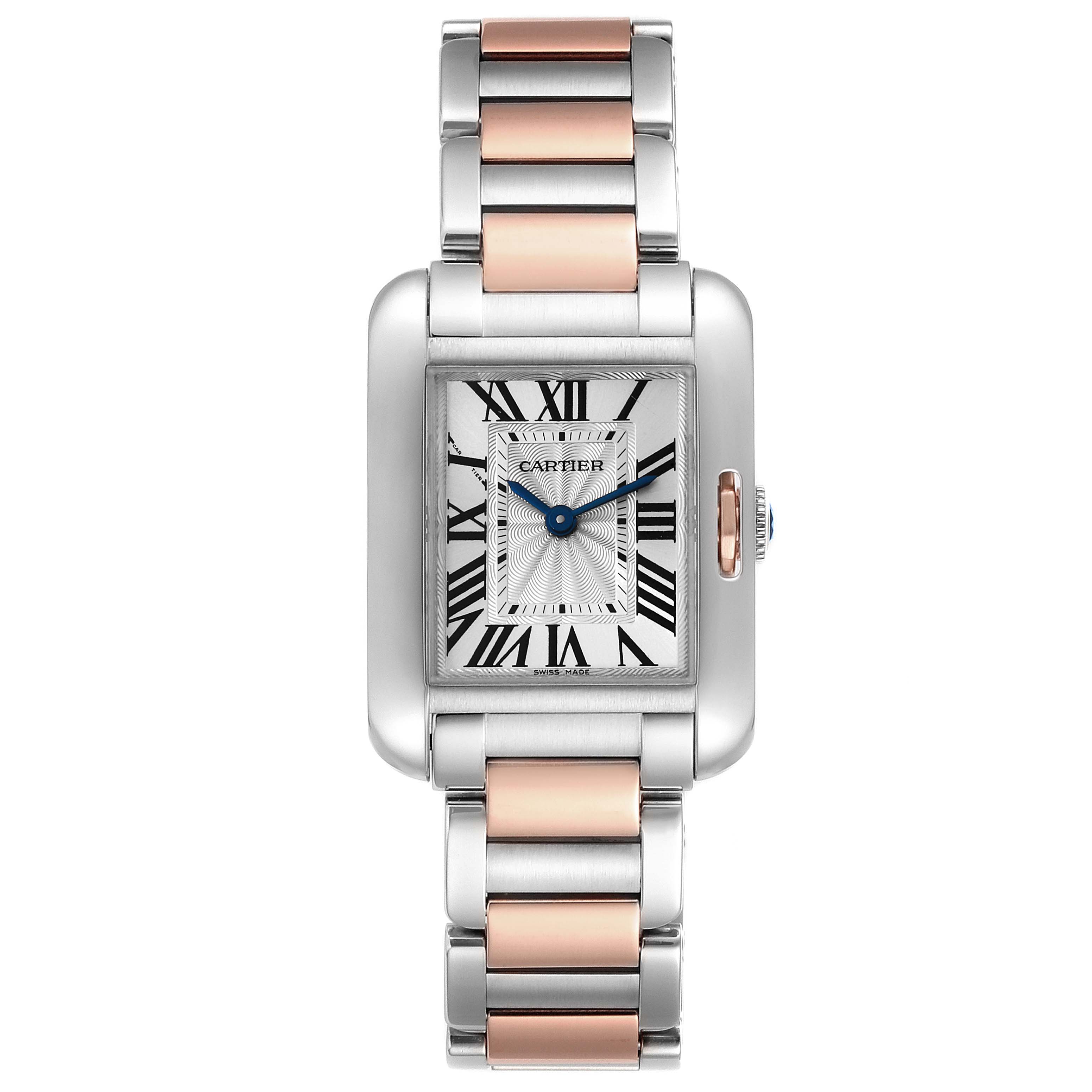 The image shows a frontal view of the Cartier Tank Anglaise W5310036 Women's Steel and Gold (two tone) Silver Dial W5310036 Women's Steel and Gold (two tone) Silver Dial watch, displaying its rectangular face and bi-tone metal bracelet.