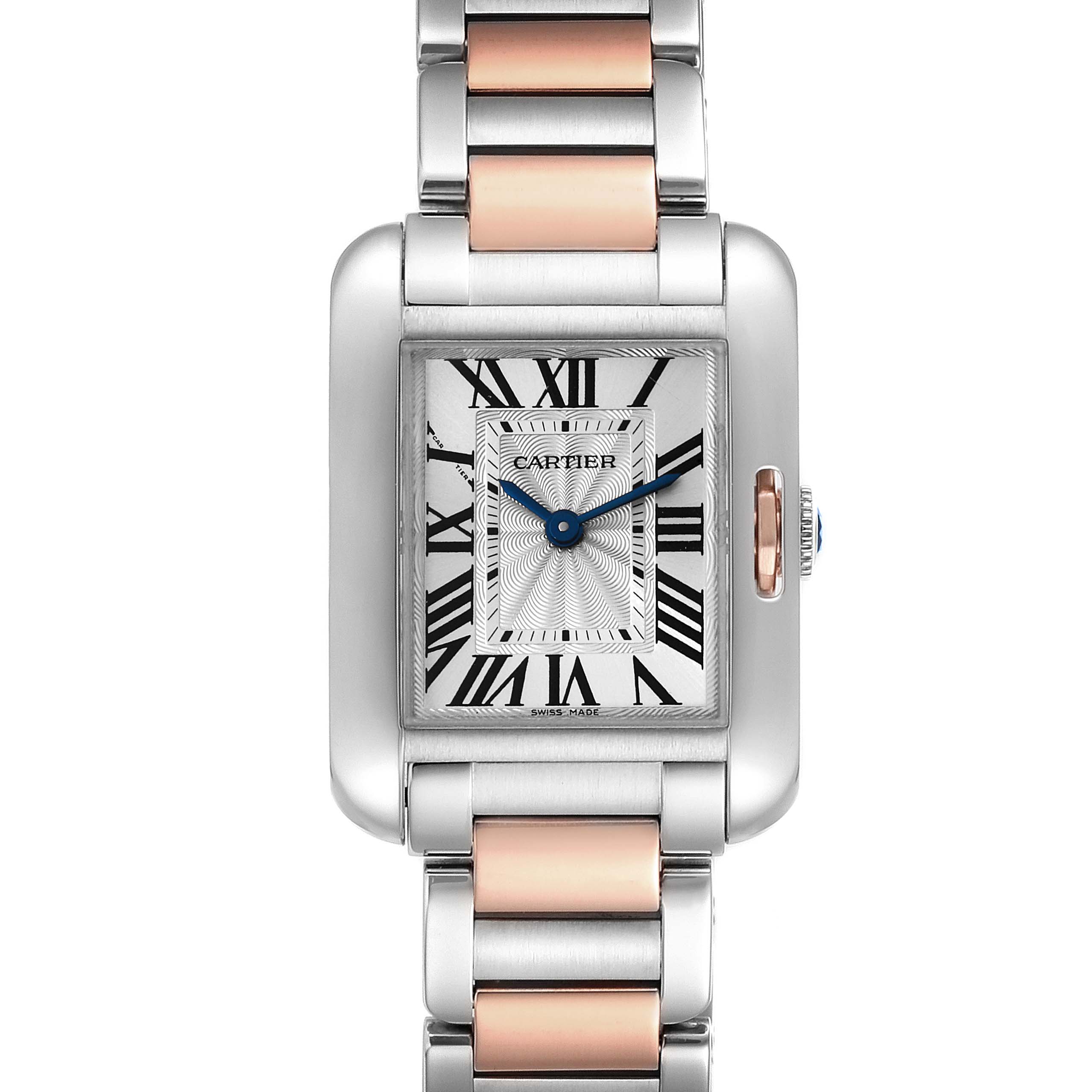 This image shows a frontal view of the Cartier Tank Anglaise W5310036 Women's Steel and Gold (two tone) Silver Dial W5310036 Women's Steel and Gold (two tone) Silver Dial watch, highlighting the face and part of the bracelet.