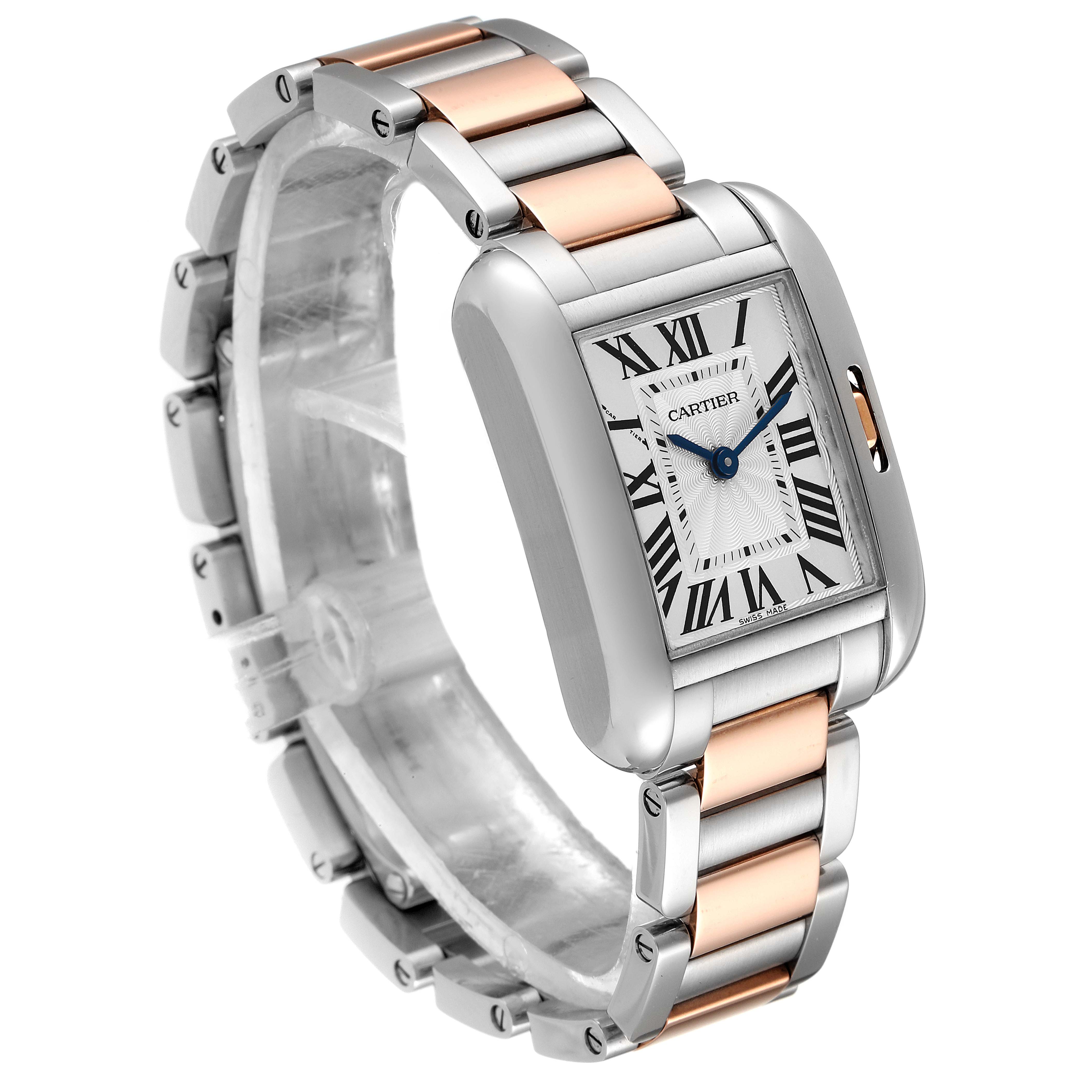 The image shows a Cartier Tank Anglaise W5310036 Women's Steel and Gold (two tone) Silver Dial W5310036 Women's Steel and Gold (two tone) Silver Dial watch at a slight angle with its two-tone metal bracelet and rectangular face visible.
