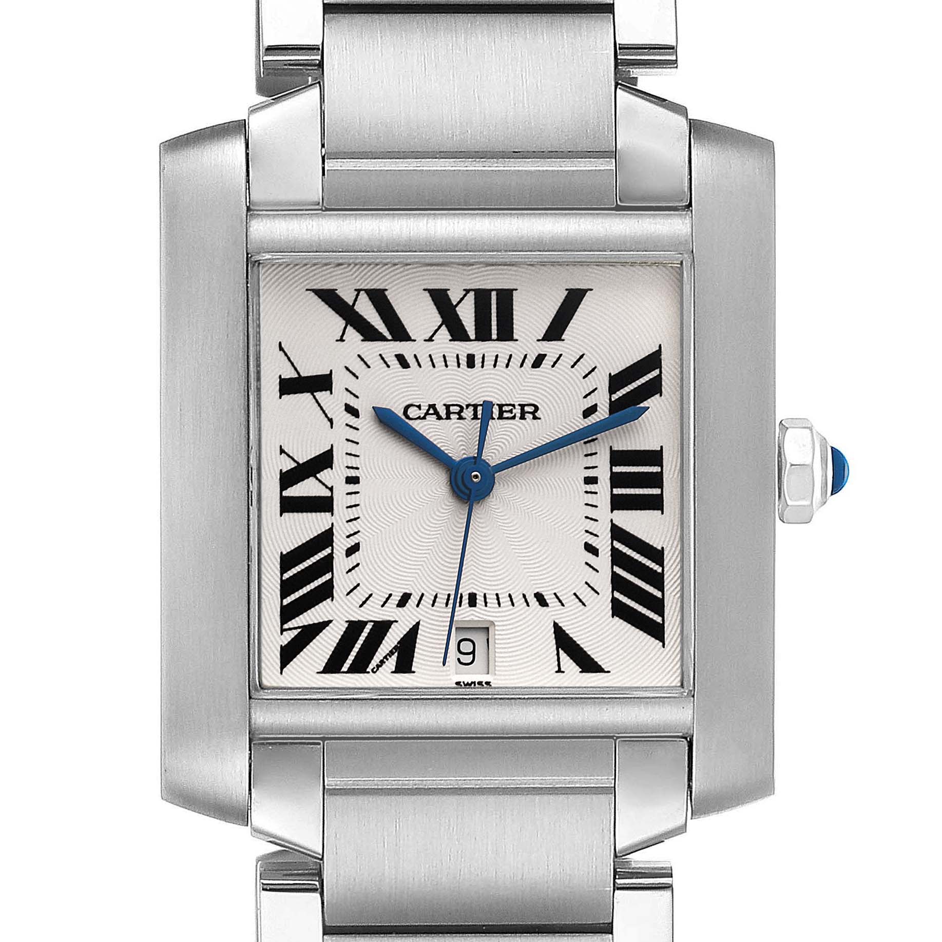 The image shows a front view of the Cartier Tank Francaise W51002Q3 Men's Stainless Steel Silver Dial W51002Q3 Men's Stainless Steel Silver Dial watch, highlighting its face, dial, and part of the bracelet.
