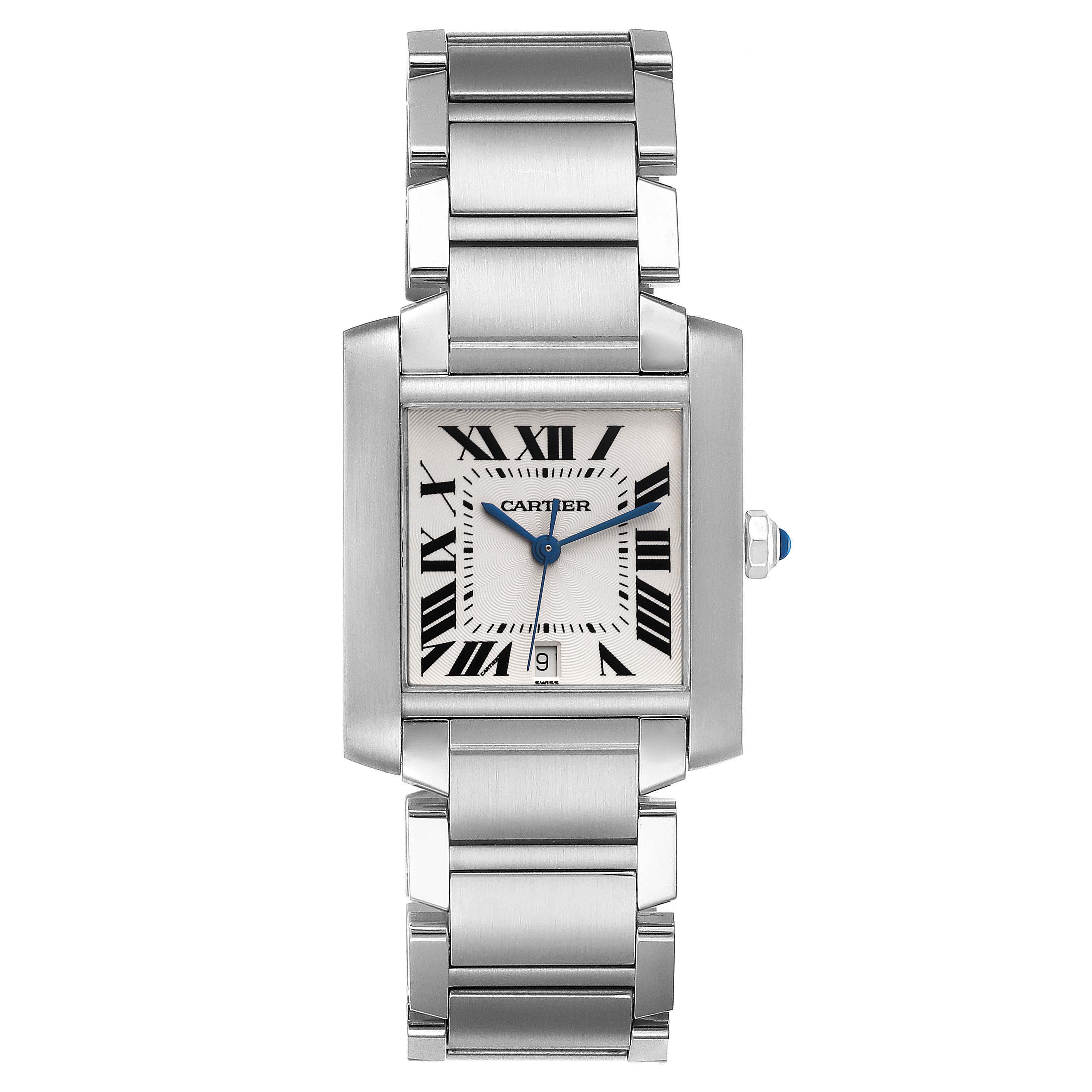 The image shows a front view of a Cartier Tank Française watch, highlighting its rectangular case, bracelet, dial, and Roman numeral markers.