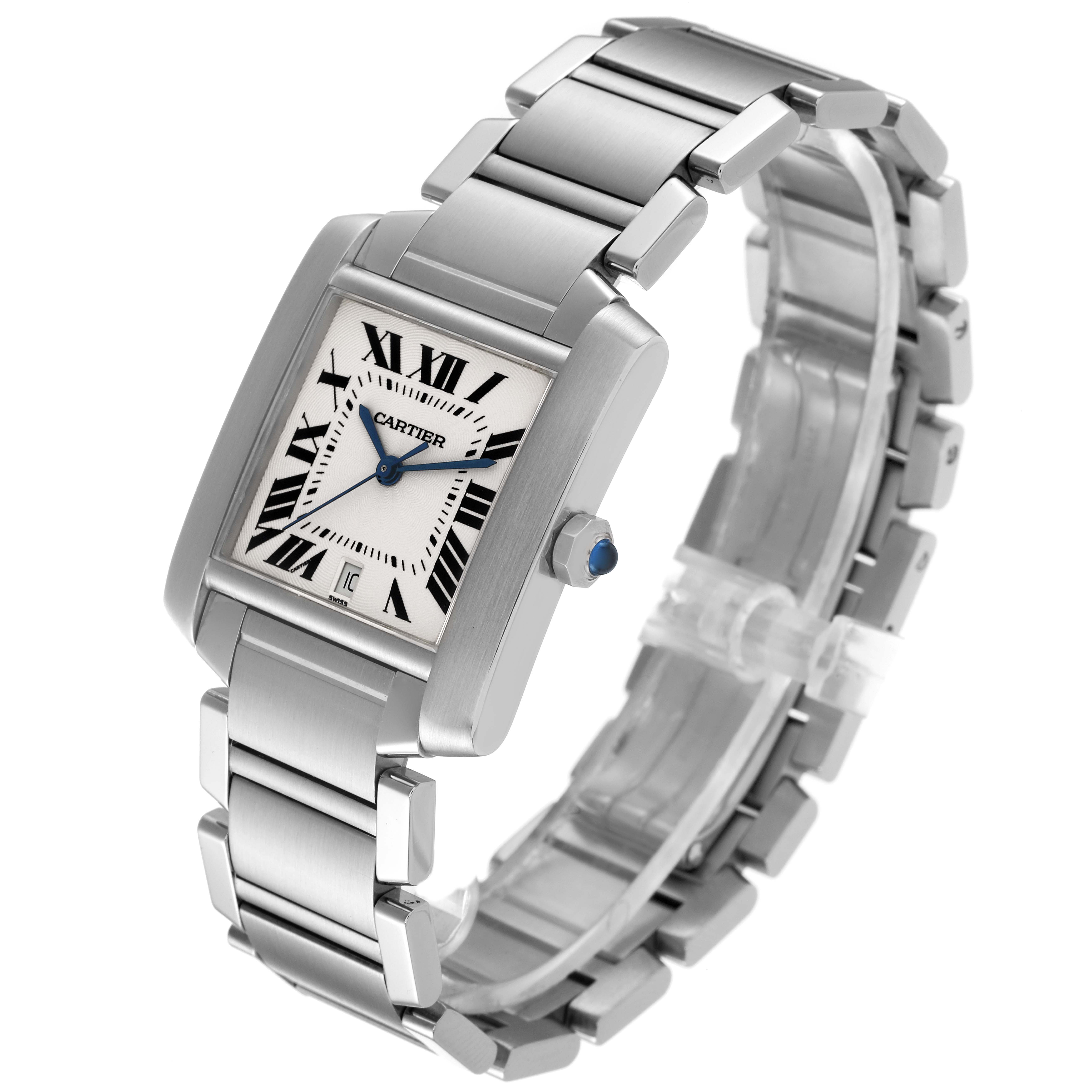 The Cartier Tank Francaise W51002Q3 Men's Stainless Steel Silver Dial W51002Q3 Men's Stainless Steel Silver Dial watch is shown at a slight angle, highlighting its stainless steel bracelet, rectangular case, and dial.