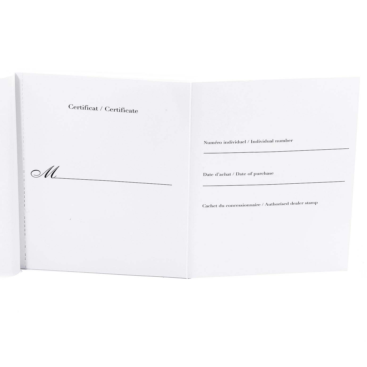 This image shows an open warranty booklet for the Cartier Tank Francaise W51002Q3 Men's Stainless Steel Silver Dial W51002Q3 Men's Stainless Steel Silver Dial watch, including sections for the individual number and date of purchase.