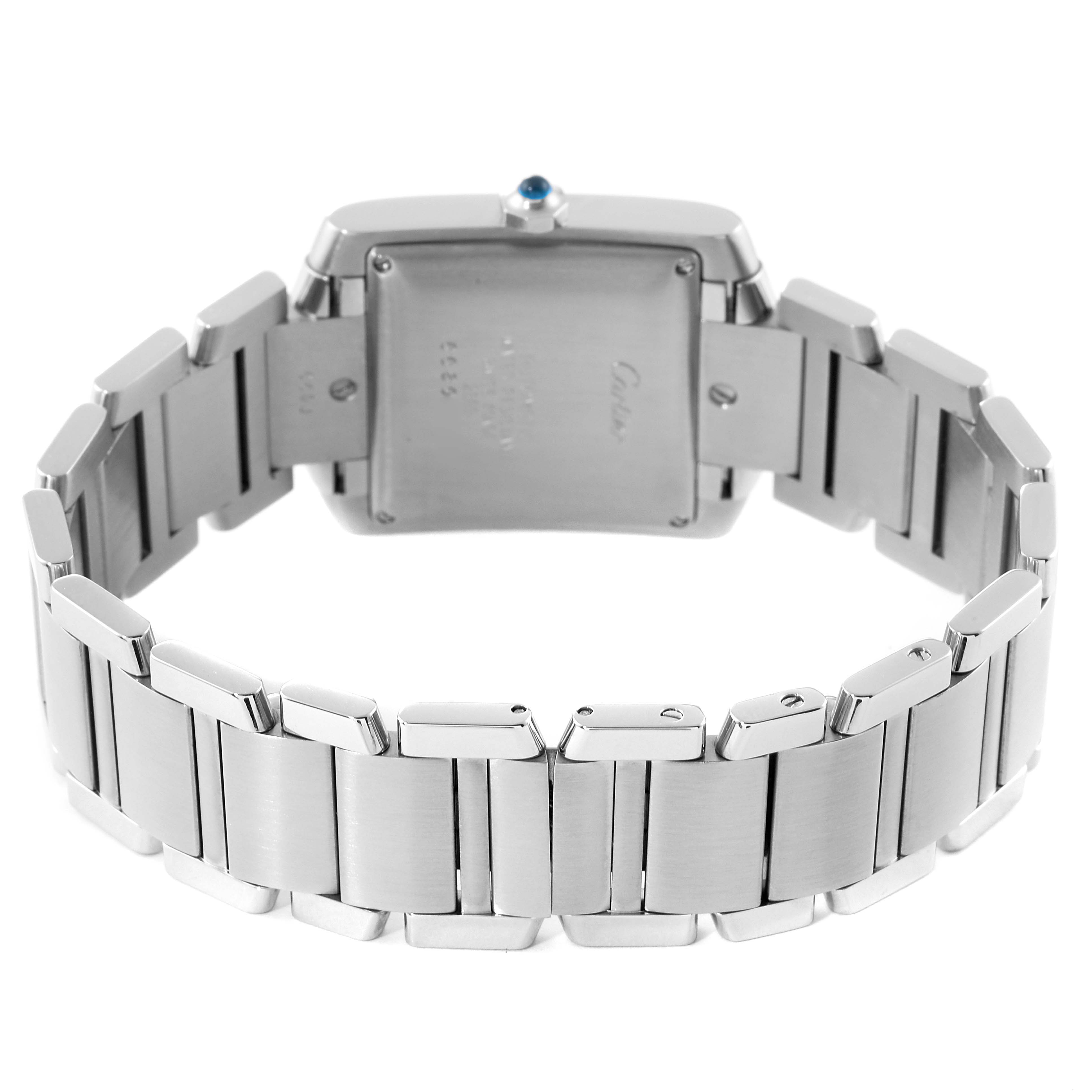This image shows the back view of a Tank Francaise model watch by Cartier, highlighting the stainless steel bracelet and case back.