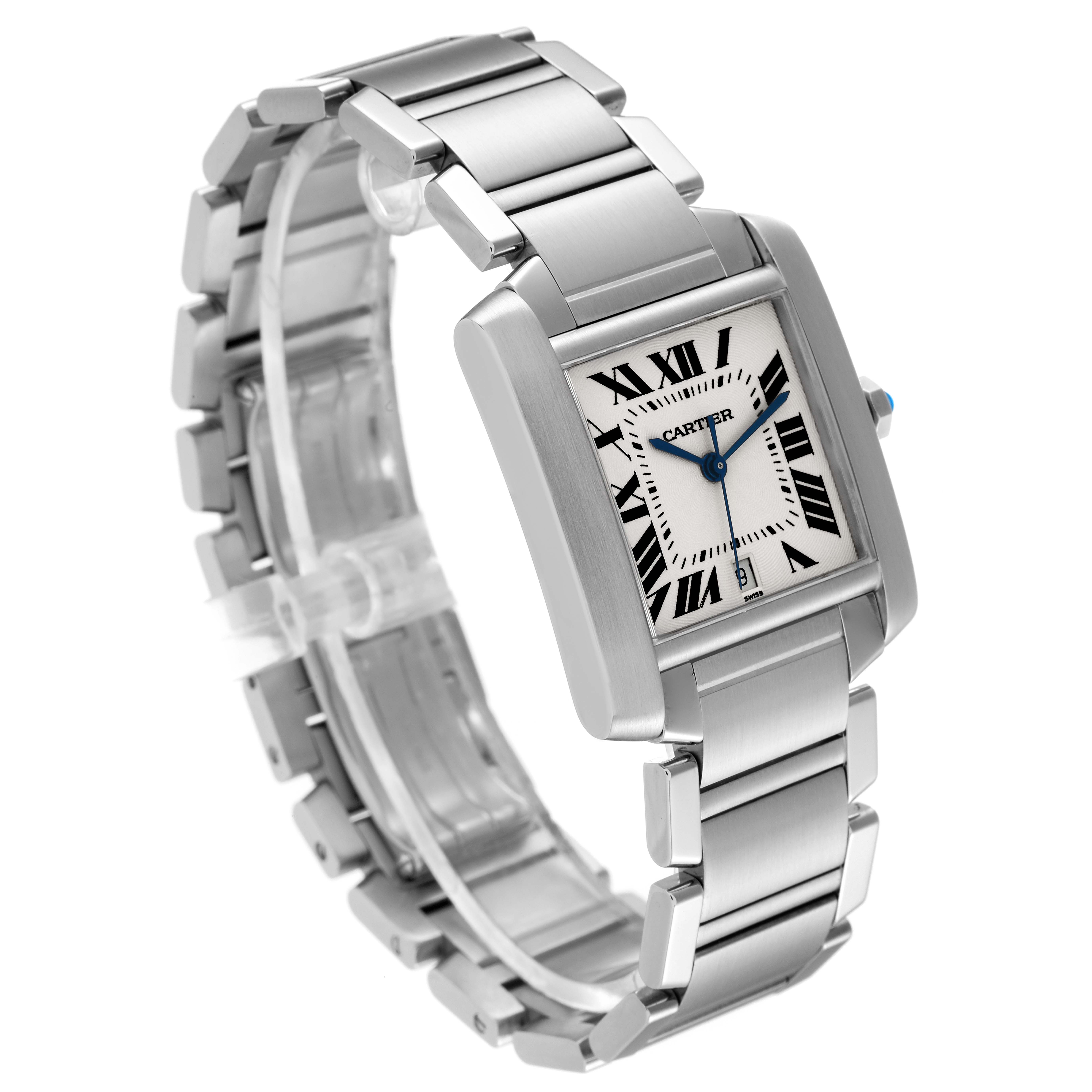 The image shows a Cartier Tank Francaise W51002Q3 Men's Stainless Steel Silver Dial W51002Q3 Men's Stainless Steel Silver Dial watch at a three-quarter angle, highlighting the face, bezel, and metal bracelet.