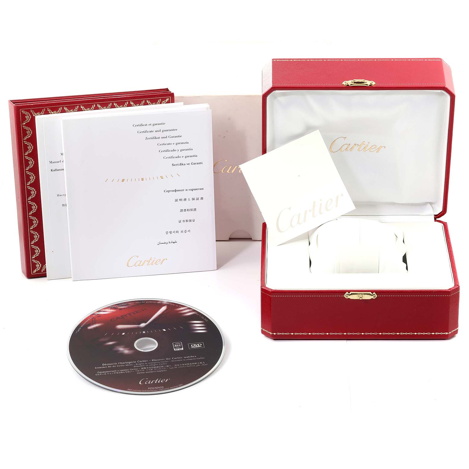 The image shows the packaging, booklet, and a CD of the Cartier Tank Francaise W51002Q3 Men's Stainless Steel Silver Dial W51002Q3 Men's Stainless Steel Silver Dial watch, with a closed red watch box.