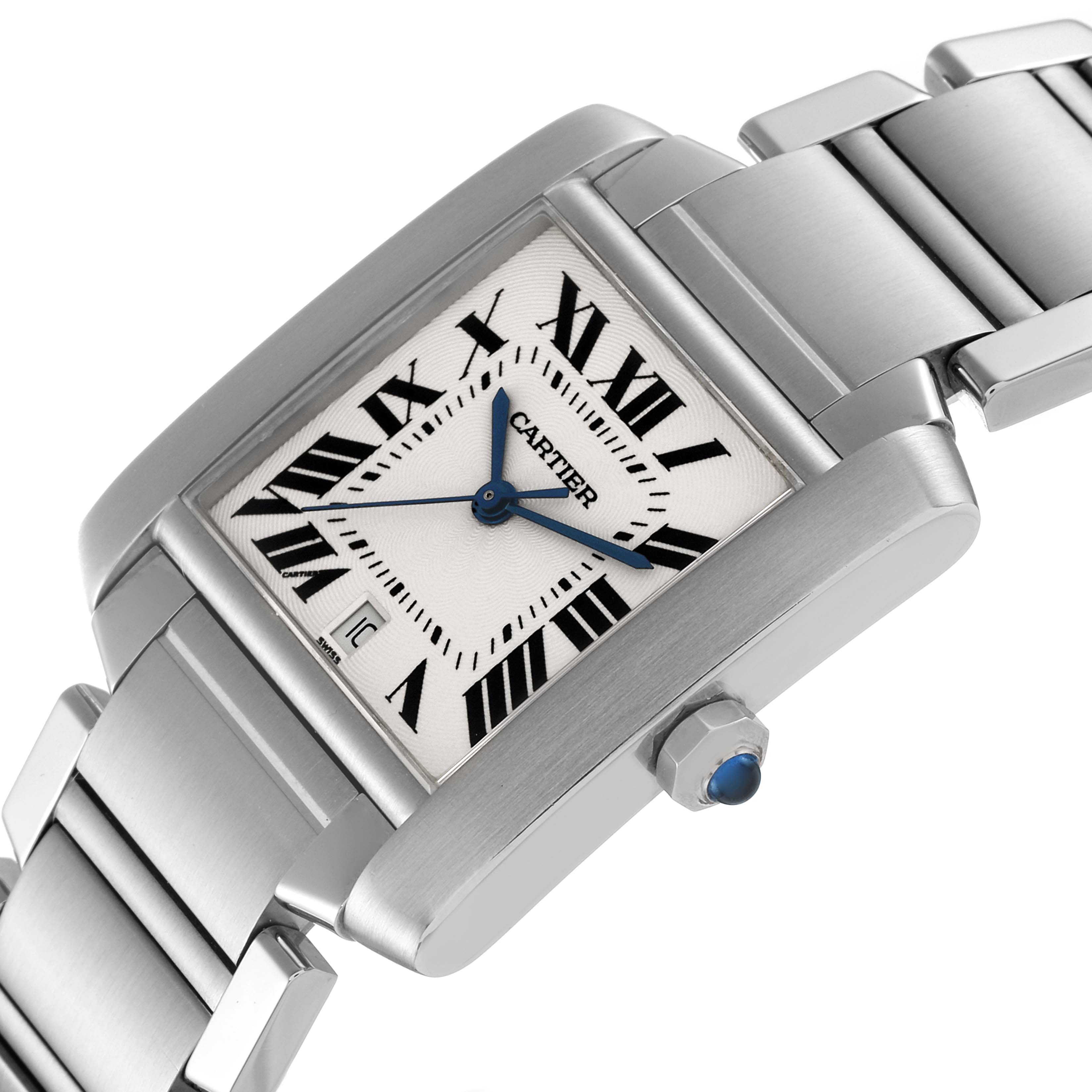 This image shows the Cartier Tank Française watch at a tilted side angle, highlighting the face, bracelet, and crown.