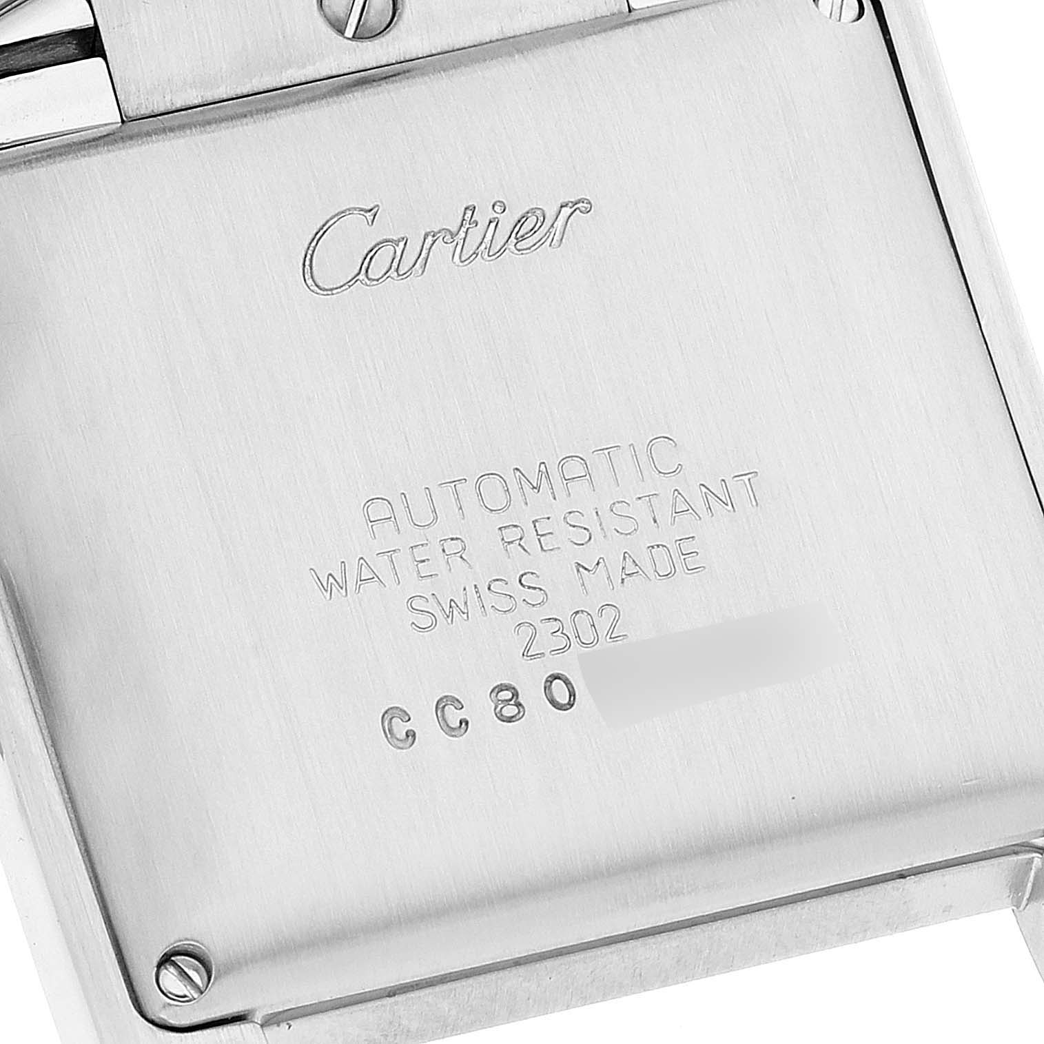 This image shows the case back of the Cartier Tank Francaise W51002Q3 Men's Stainless Steel Silver Dial W51002Q3 Men's Stainless Steel Silver Dial watch, displaying its engravings and screws.