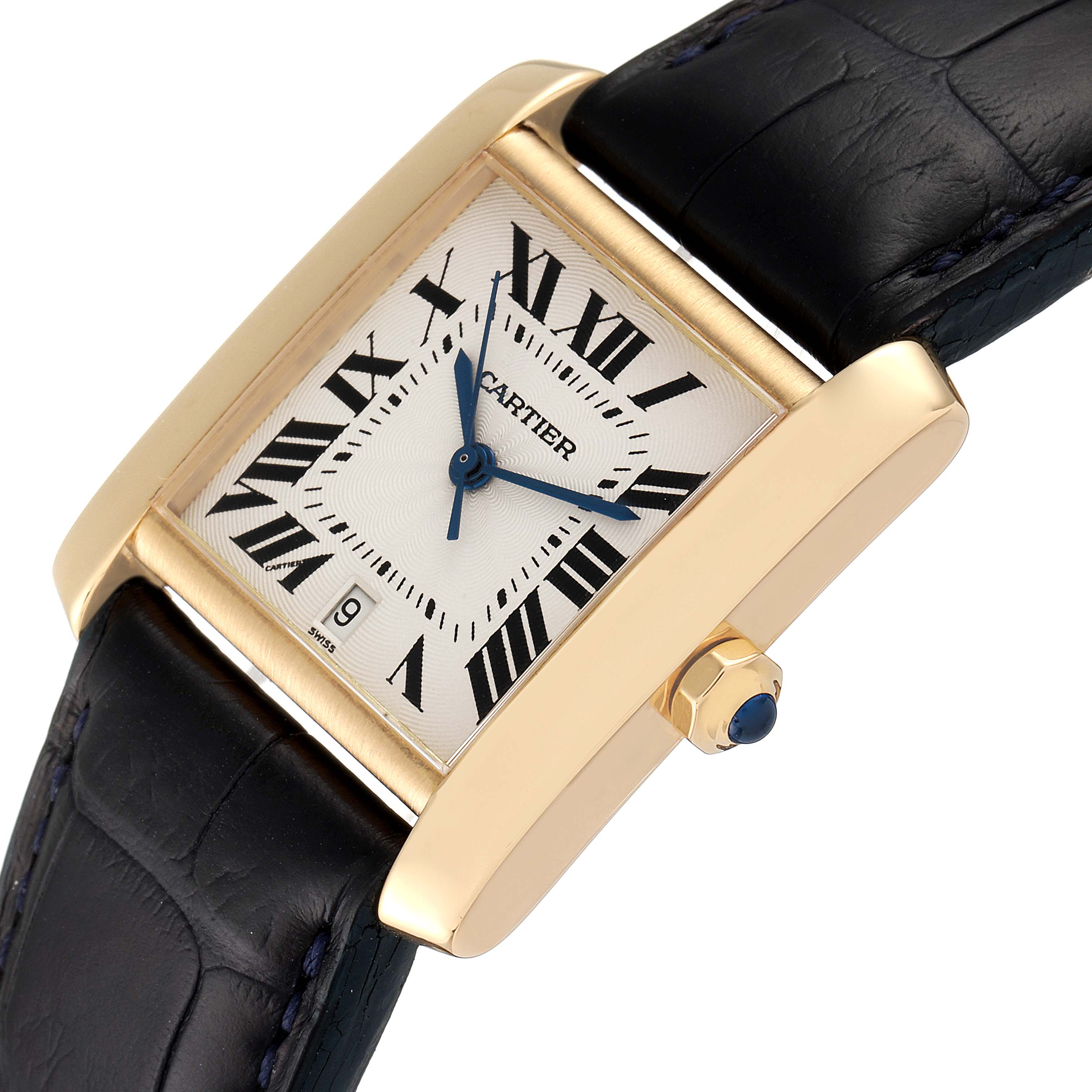 The Tank Francaise by Cartier is shown at an angled view, highlighting the face, Roman numerals, and black leather strap.