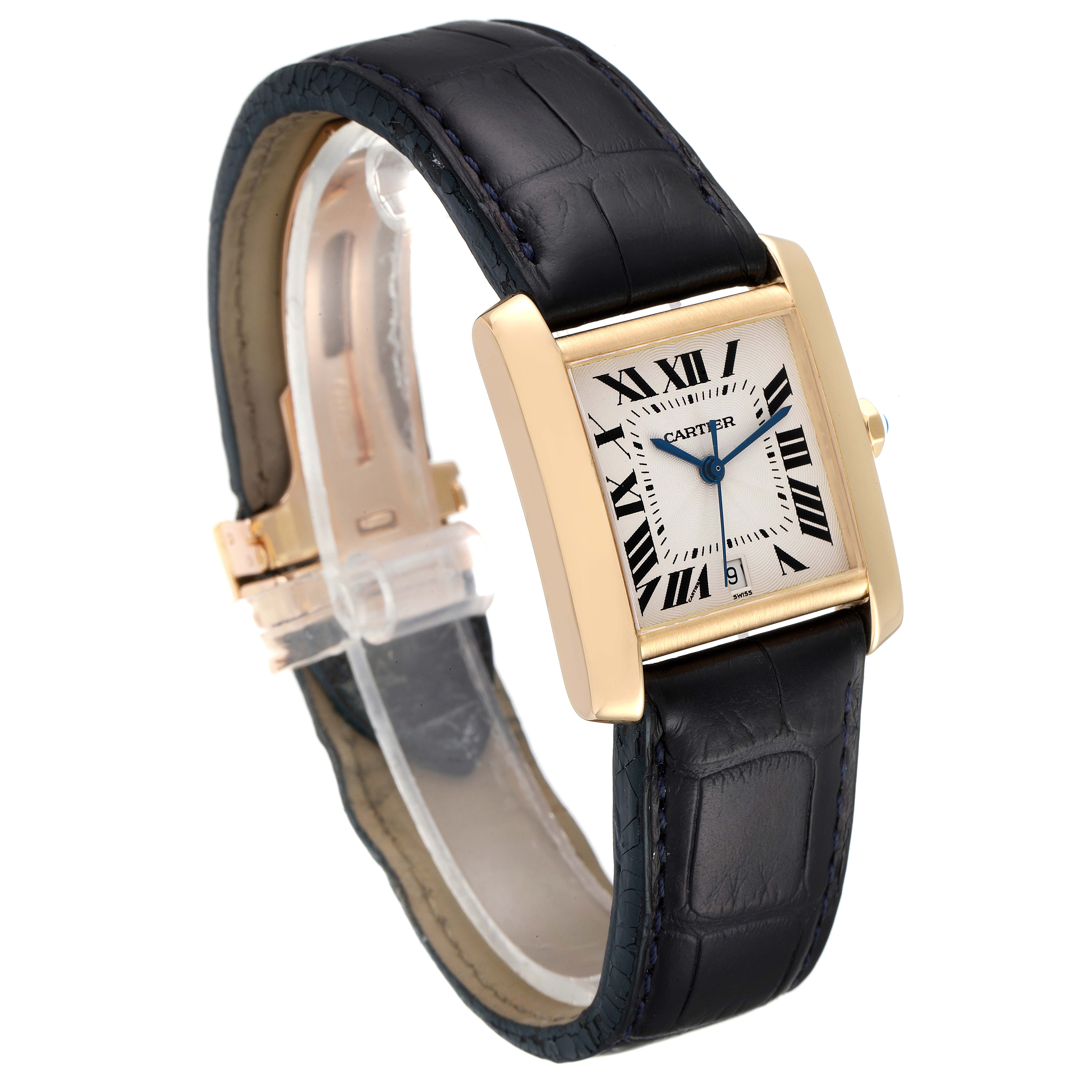 This Cartier Tank Francaise W5000156 Men's Yellow Gold Silver Dial W5000156 Men's Yellow Gold Silver Dial watch is shown from a three-quarter angle, displaying the face, leather strap, and gold case.