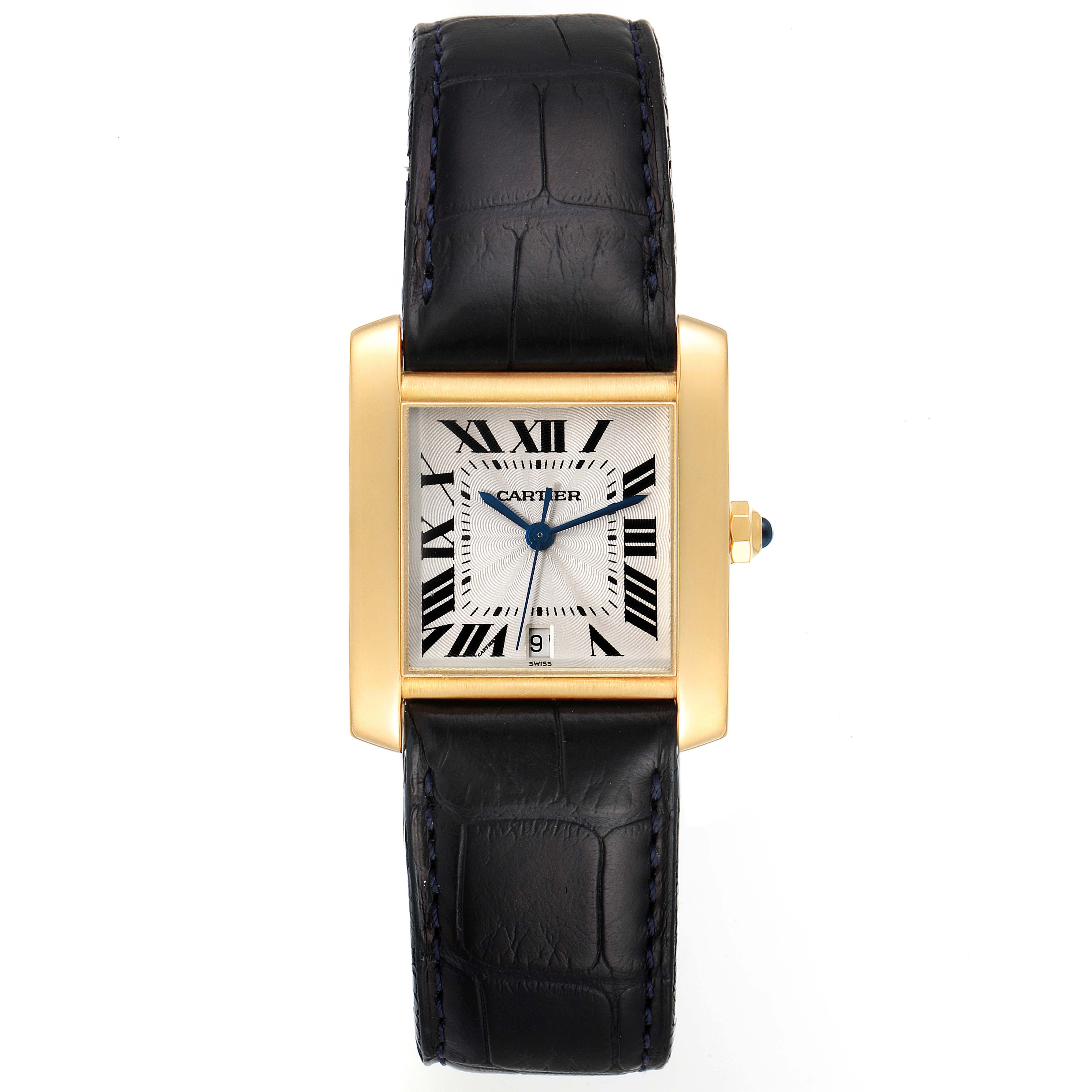 The image shows a Cartier Tank Francaise W5000156 Men's Yellow Gold Silver Dial W5000156 Men's Yellow Gold Silver Dial watch from a top-down angle, highlighting its face, black leather strap, and gold casing.