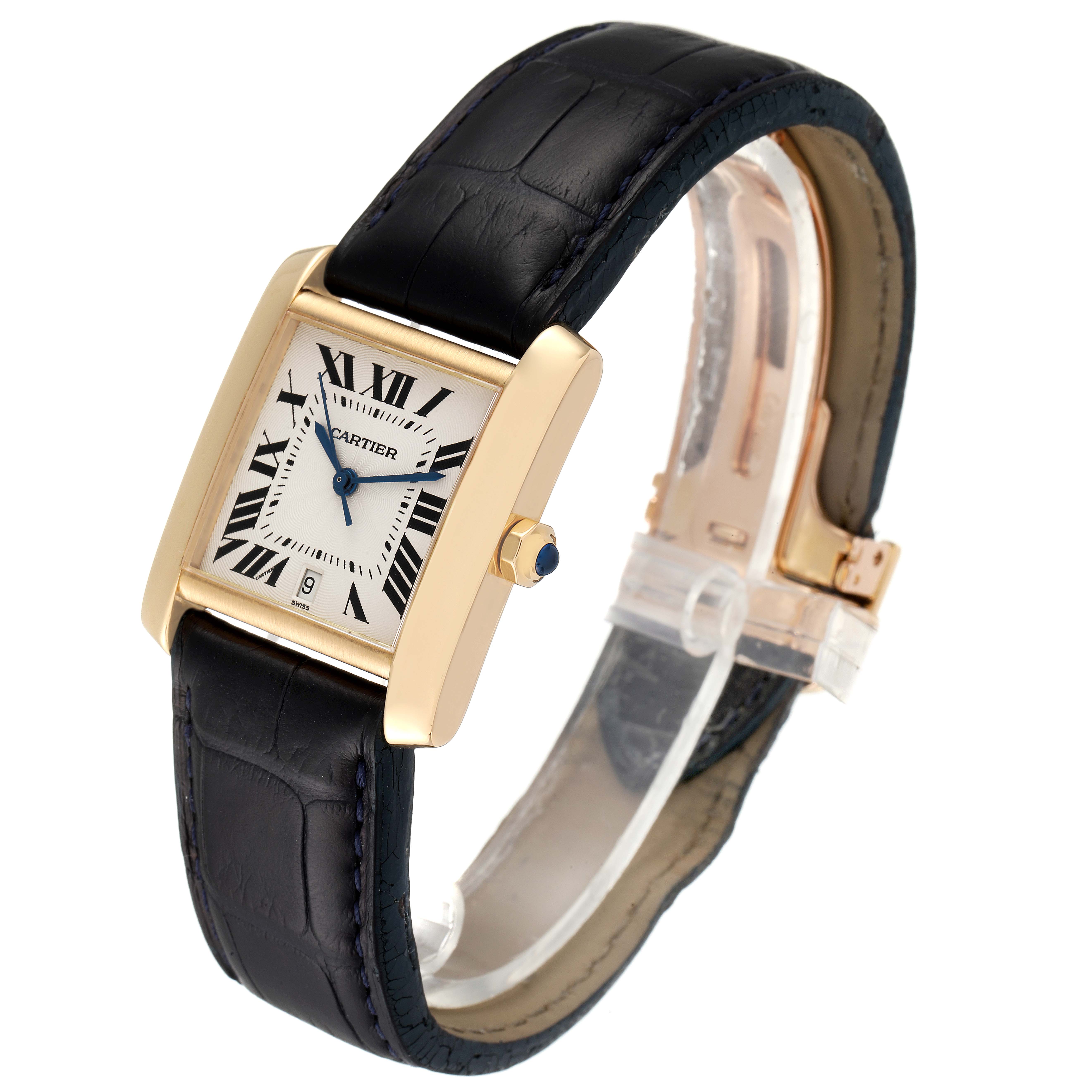 This image shows a Cartier Tank Française watch at a 3/4 angle, highlighting the face, side, strap, and clasp.
