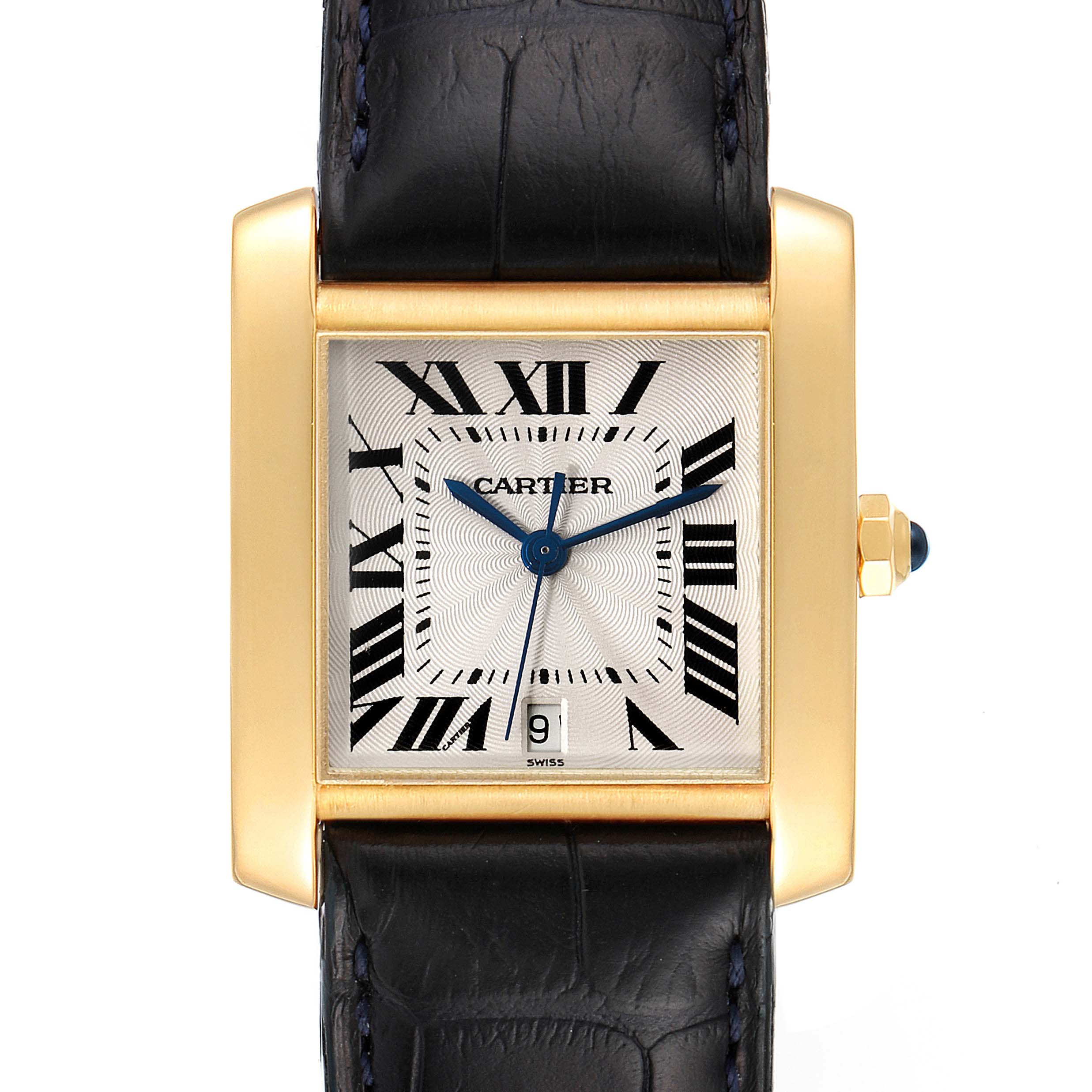 The image shows a Tank Francaise model watch by Cartier, featuring a rectangular gold case, Roman numeral dial, and a black leather strap.