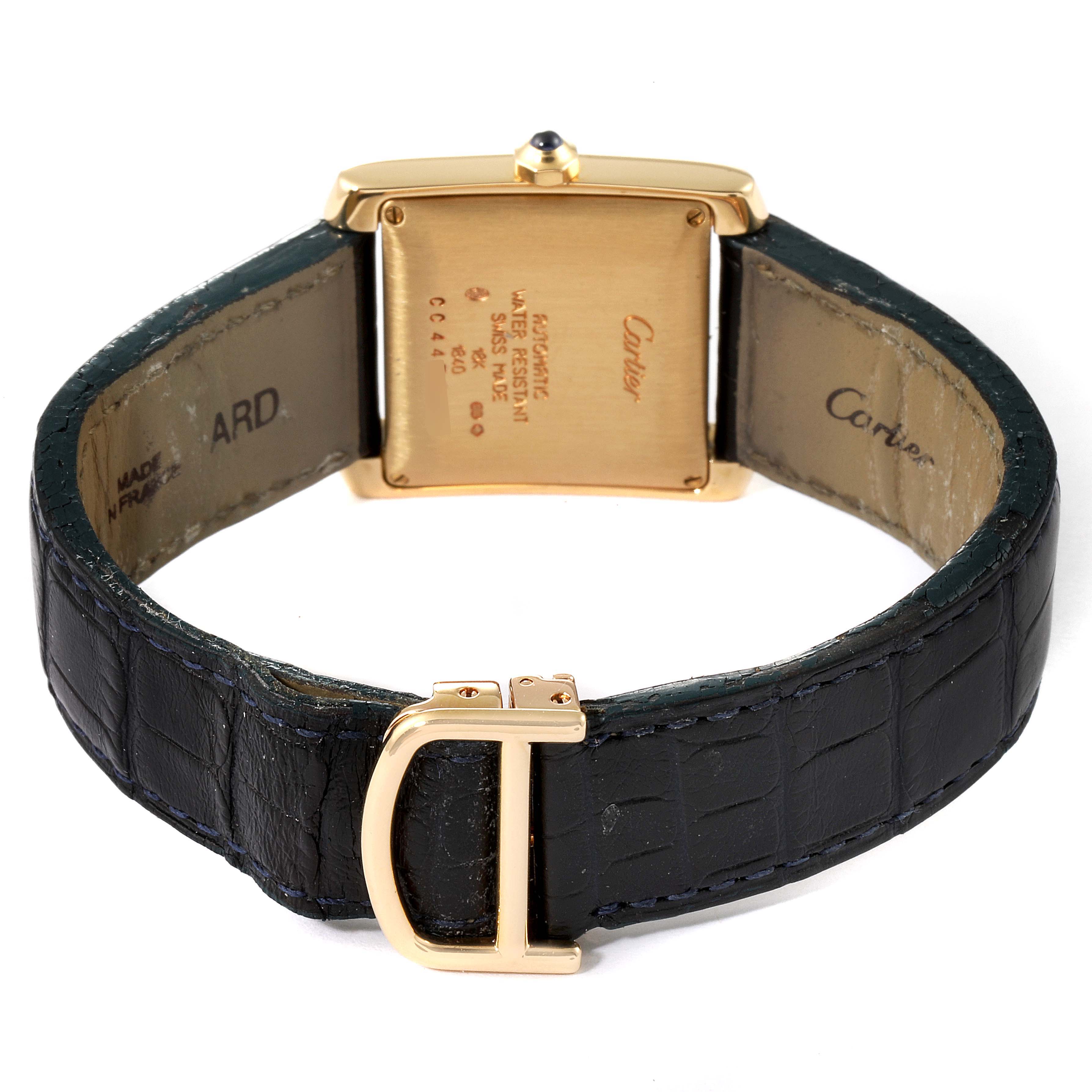 This image shows the back and clasp of a Cartier Tank Française watch, emphasizing its strap and case details.