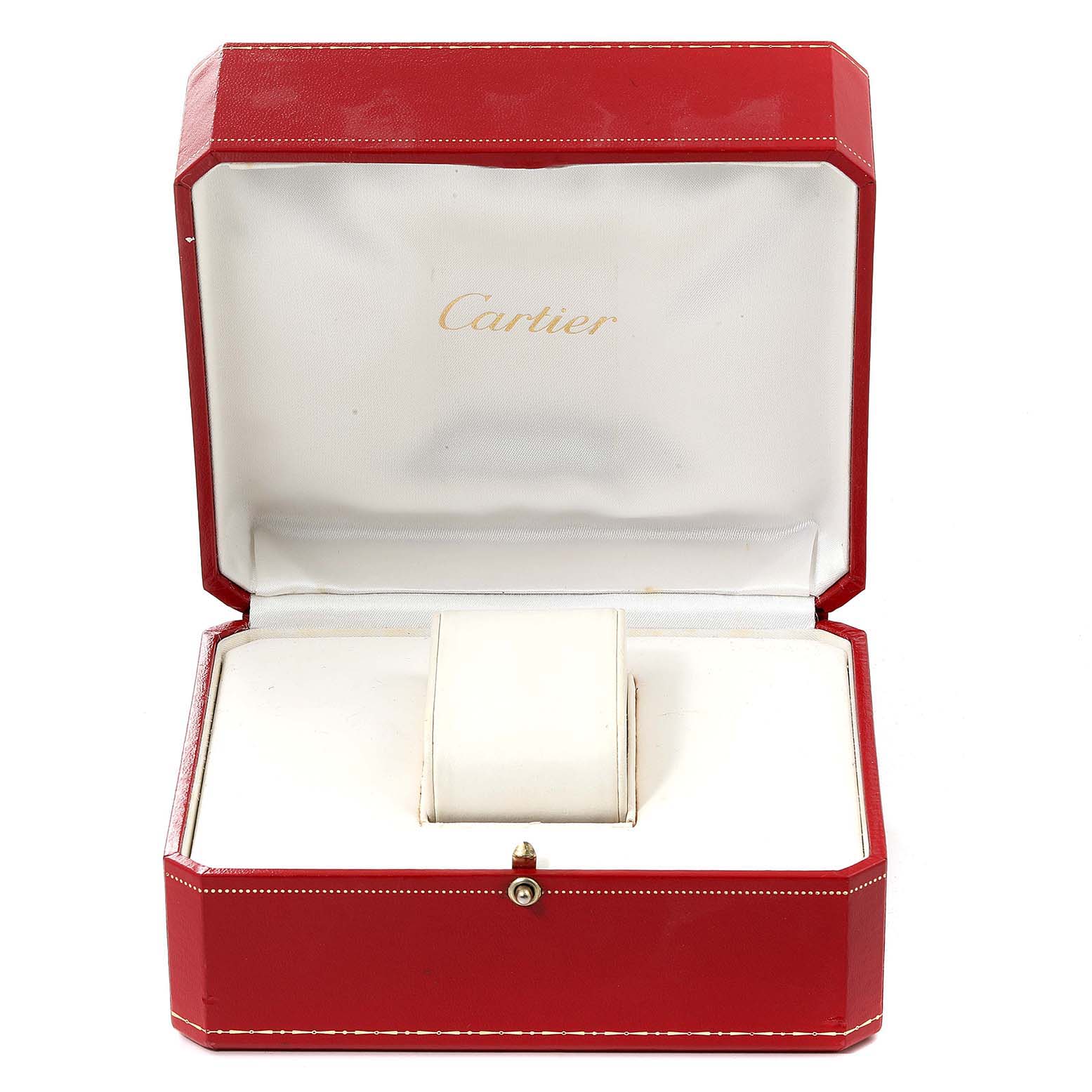 The image shows an empty Cartier Tank Francaise W5000156 Men's Yellow Gold Silver Dial W5000156 Men's Yellow Gold Silver Dial watch box, open, with a red exterior and white interior.