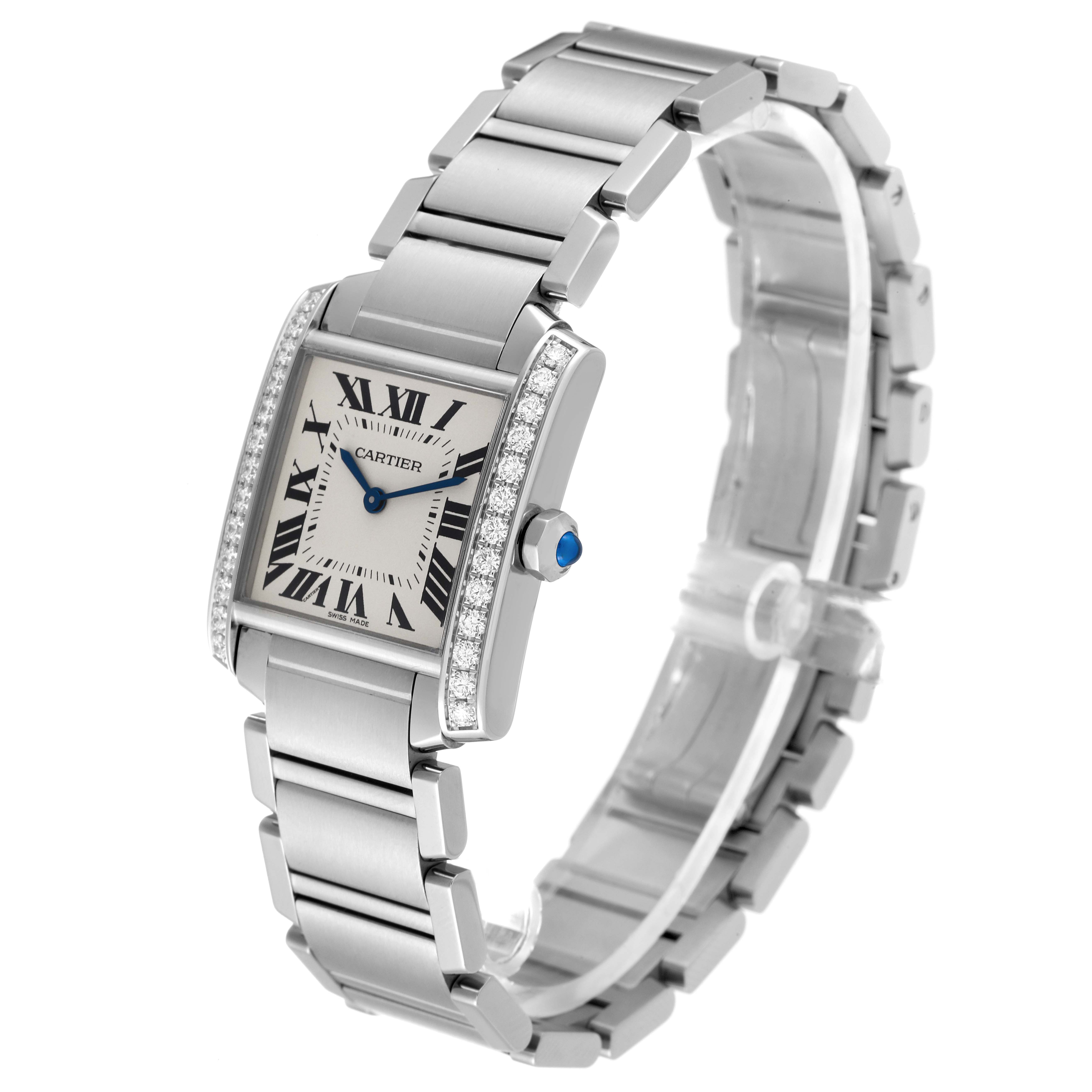 The Cartier Tank Francaise W4TA0009 Women
s Stainless Steel Silver Dial W4TA0009 Women
s Stainless Steel Silver Dial watch is shown at an angled view, highlighting the face, crown, and bracelet.
