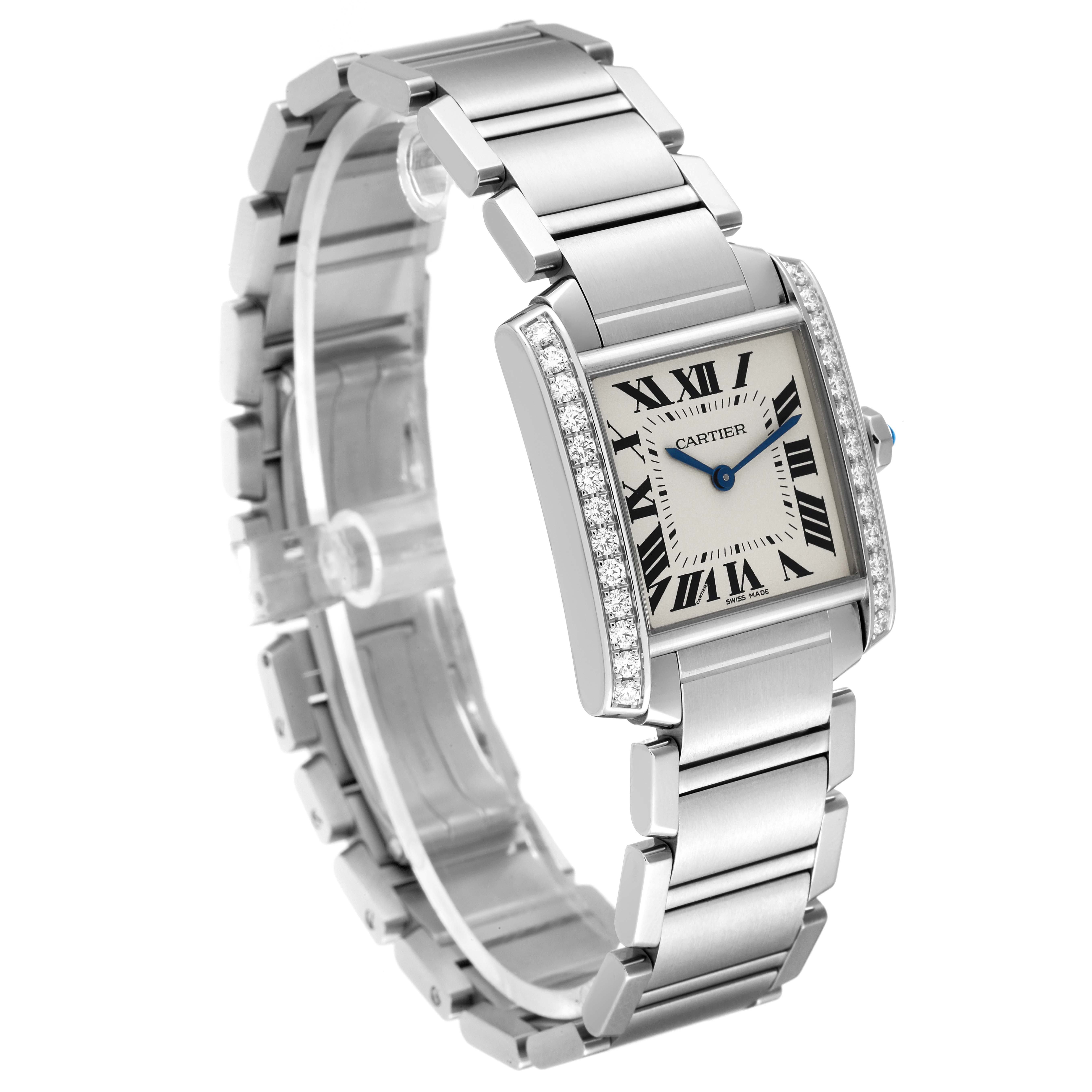 The image shows a side angle view of a Cartier Tank Francaise W4TA0009 Women
s Stainless Steel Silver Dial W4TA0009 Women
s Stainless Steel Silver Dial watch, highlighting its rectangular face, diamond accents, and metal bracelet.