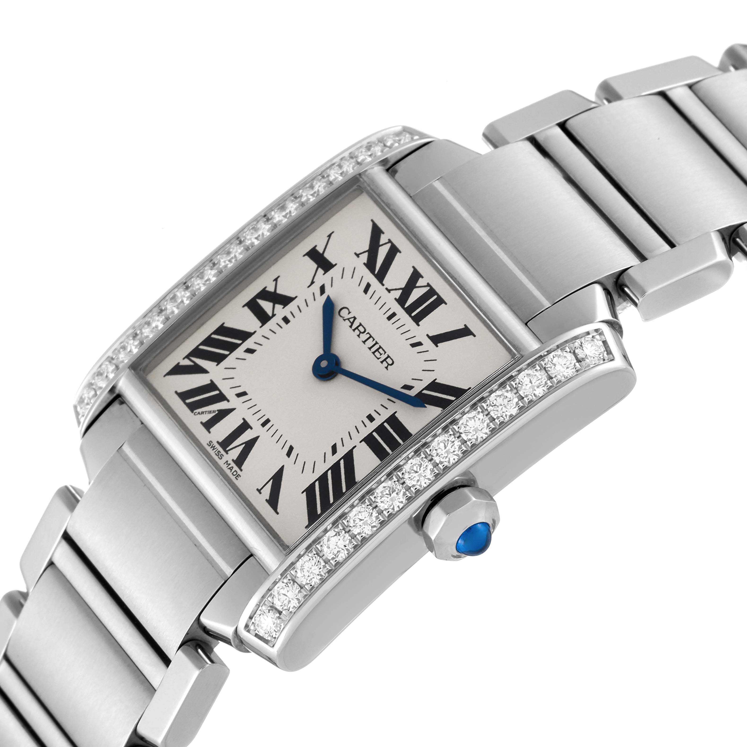 The image shows a Cartier Tank Francaise W4TA0009 Women
s Stainless Steel Silver Dial W4TA0009 Women
s Stainless Steel Silver Dial watch with a detailed view of the dial, bezel, crown, and part of the bracelet.