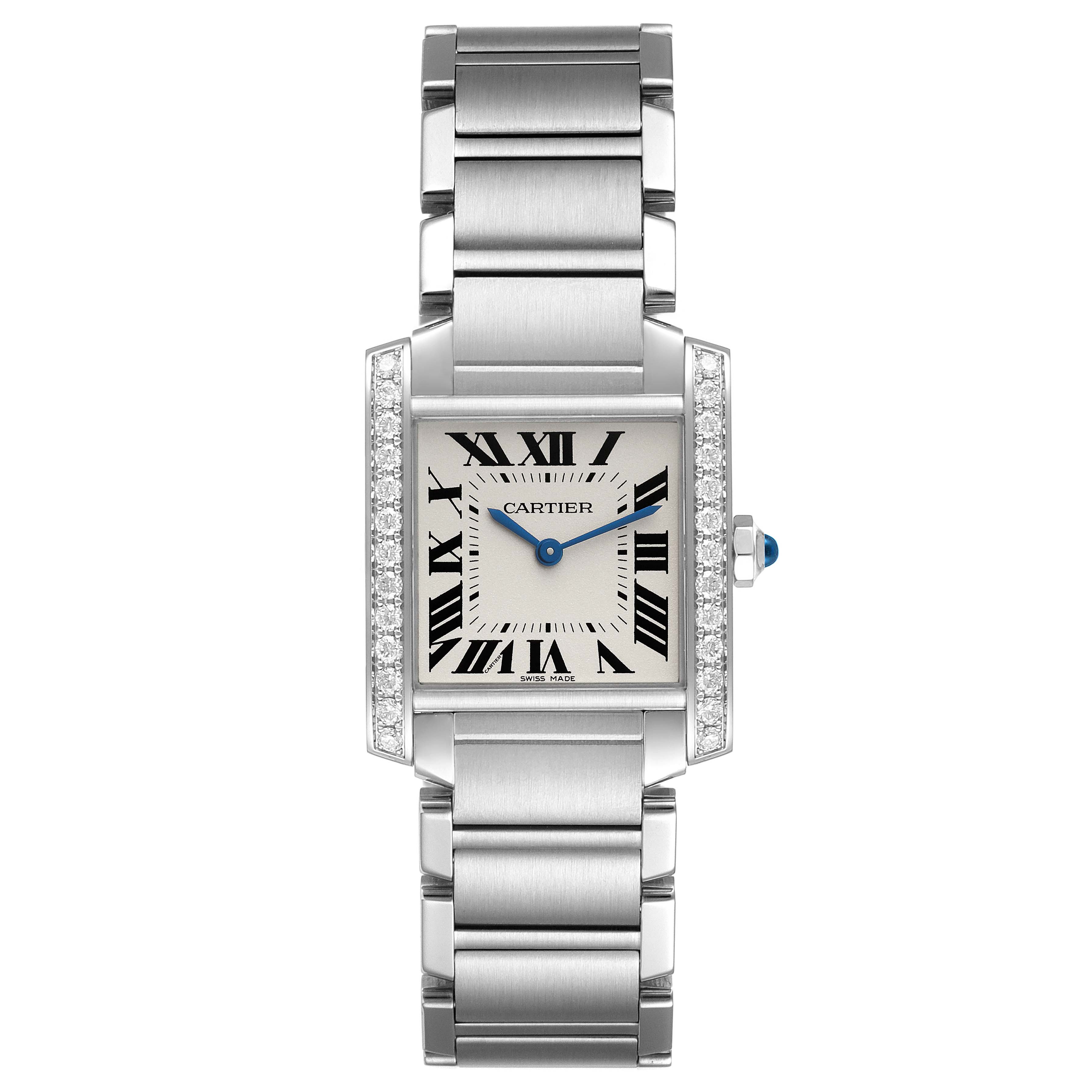 The Cartier Tank Francaise W4TA0009 Women
s Stainless Steel Silver Dial W4TA0009 Women
s Stainless Steel Silver Dial watch is shown from a top-down angle, highlighting its face, bracelet, and diamond-accented bezel.