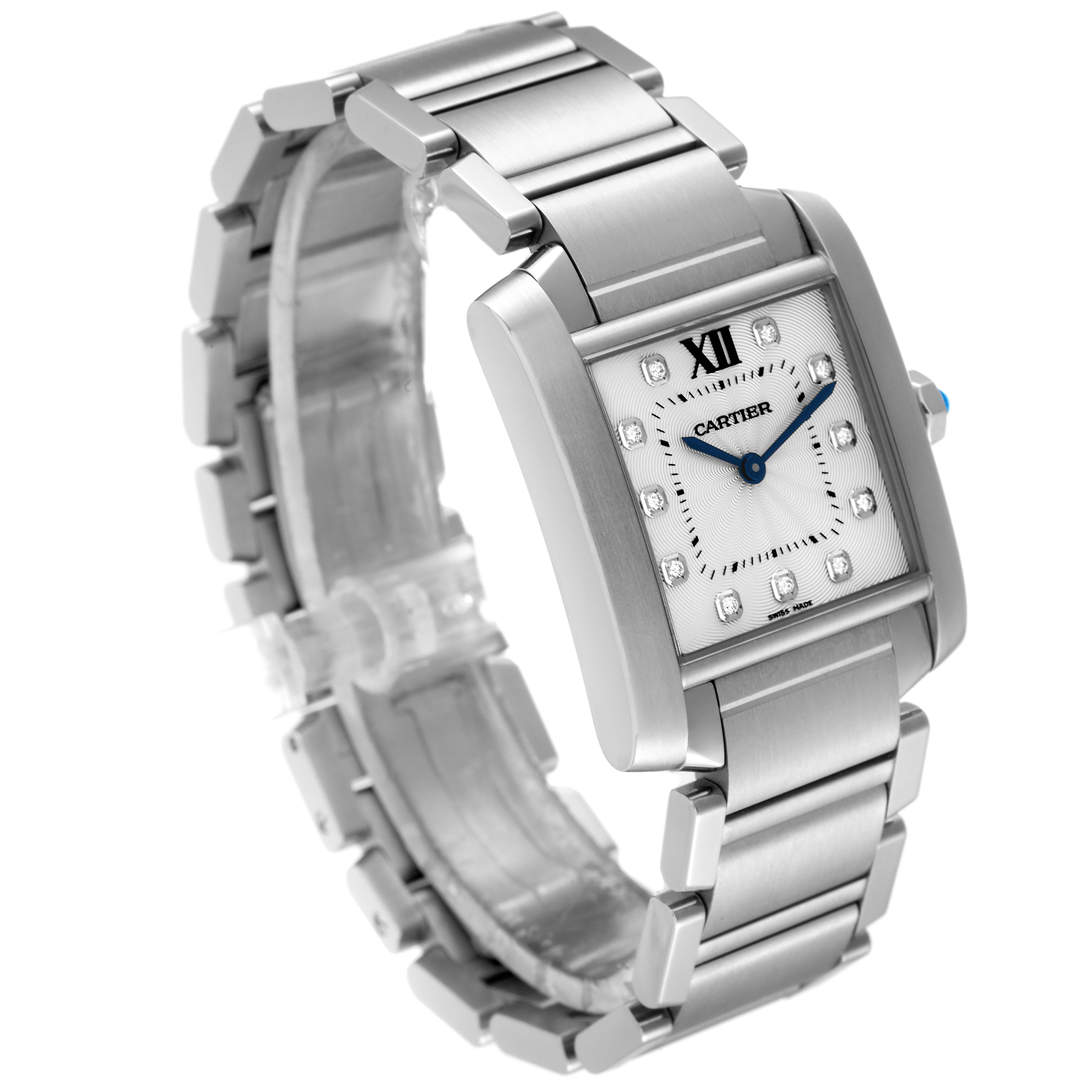 This image shows a front angle of a Cartier Tank Francaise WE110007 Women
s Stainless Steel Silver Dial WE110007 Women
s Stainless Steel Silver Dial watch, highlighting its rectangular face and metal bracelet.