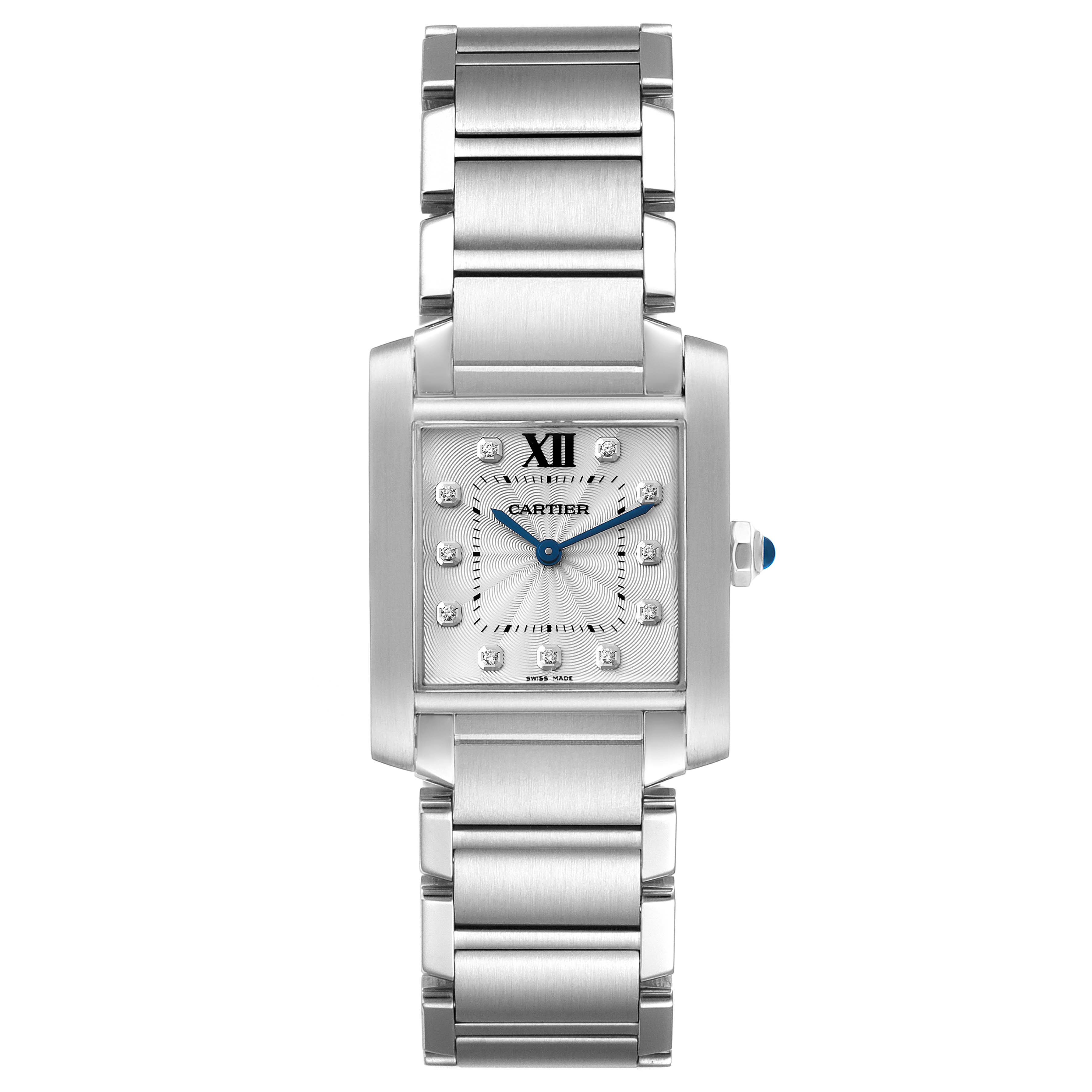 This image shows a straight-on view of the Cartier Tank Francaise WE110007 Women
s Stainless Steel Silver Dial WE110007 Women
s Stainless Steel Silver Dial watch, highlighting its rectangular face and stainless steel bracelet.