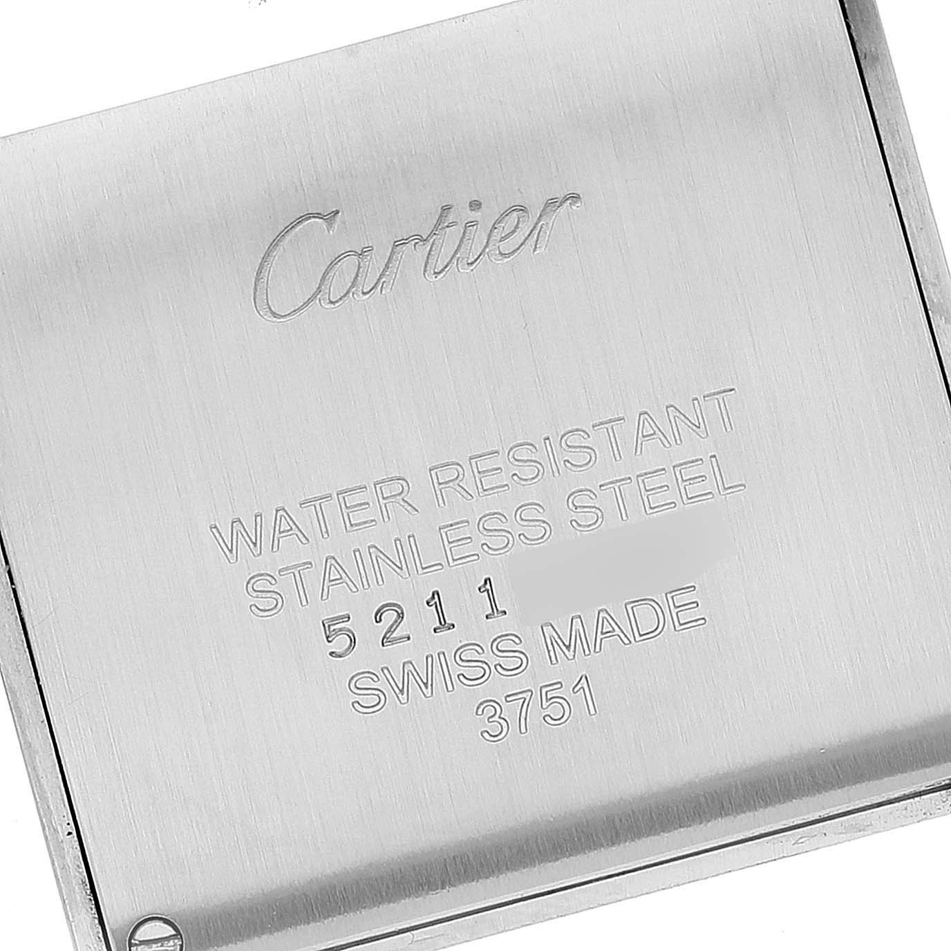 This image shows the backplate of the Cartier Tank Française watch, highlighting details like "water-resistant" and "stainless steel".