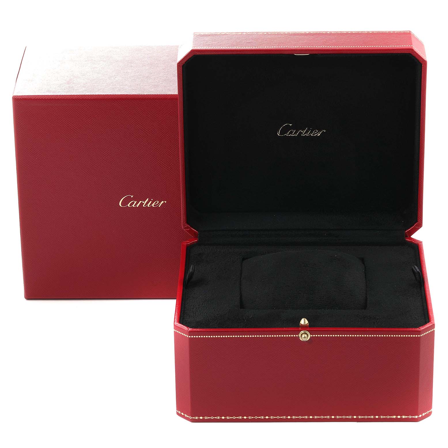 The image shows an open Cartier Tank Française watch box with a red exterior and black interior.