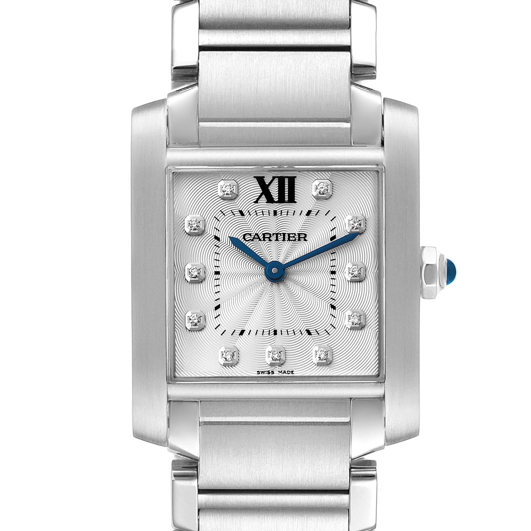 This image shows a front view of the Cartier Tank Francaise WE110007 Women
s Stainless Steel Silver Dial WE110007 Women
s Stainless Steel Silver Dial watch, highlighting its face, bracelet, and crown with a blue cabochon.