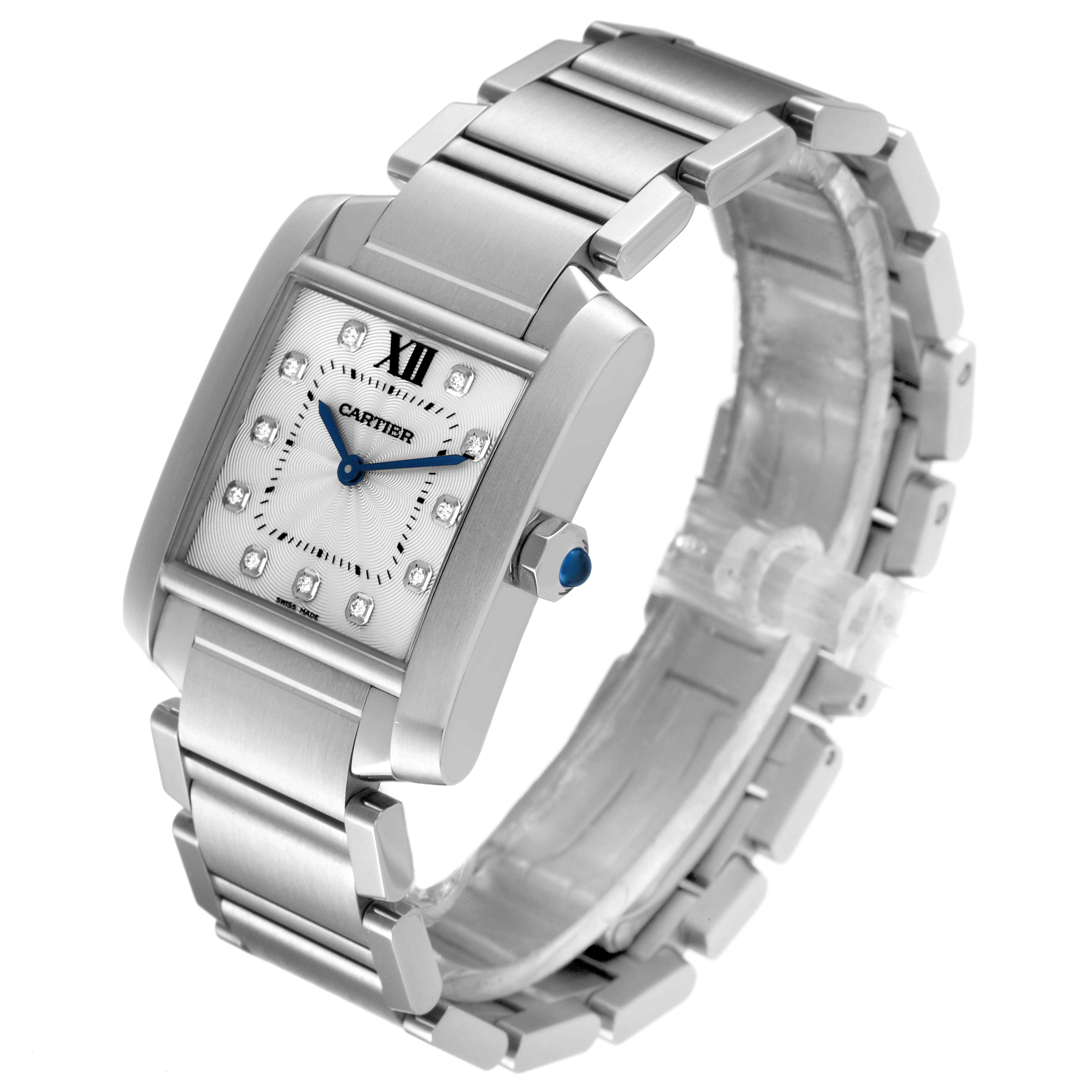 This image shows a Cartier Tank Française watch at a three-quarter angle, highlighting its bracelet, case, and dial.