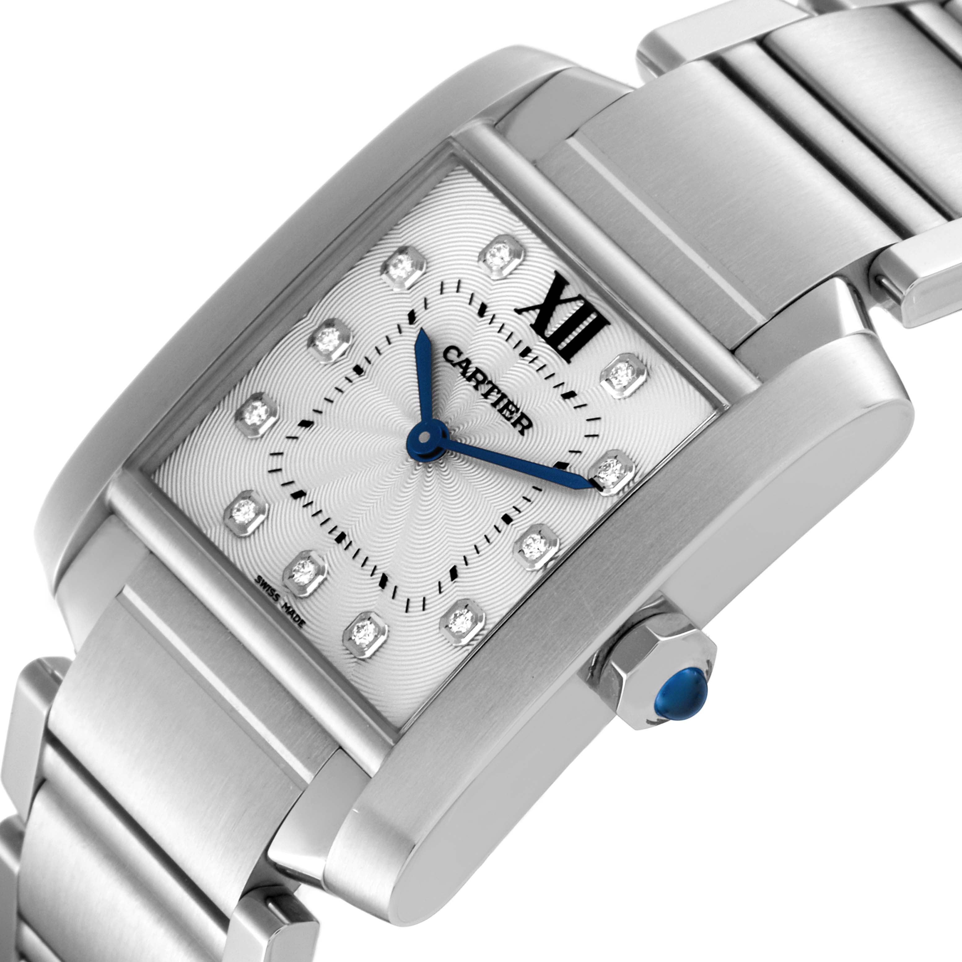 This image shows a close-up angle of a Cartier Tank Francaise WE110007 Women
s Stainless Steel Silver Dial WE110007 Women
s Stainless Steel Silver Dial watch, highlighting the dial, bracelet, and crown.