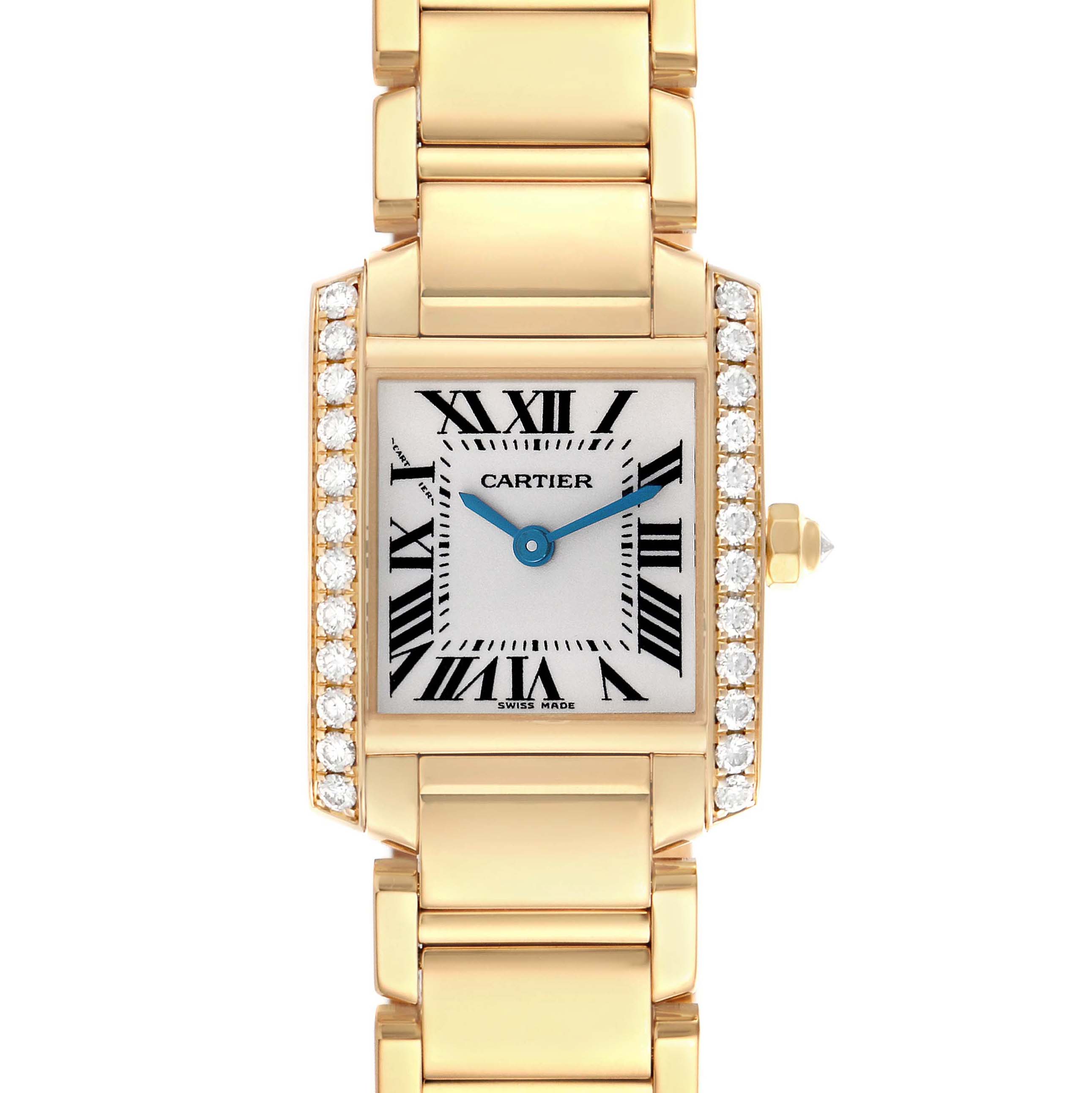 The Cartier Tank Française watch is shown from a front view, displaying its face, bracelet, and diamond-set bezel.