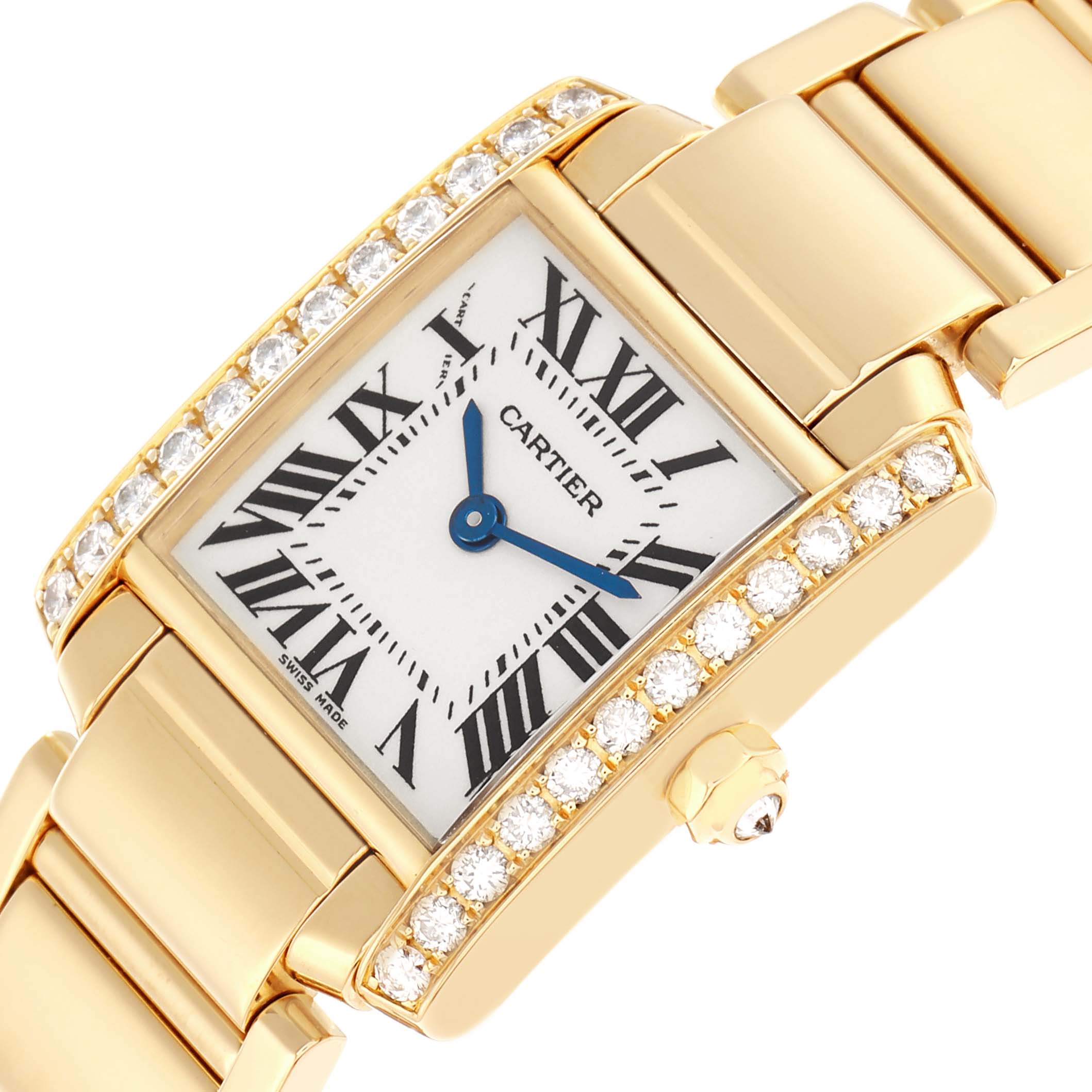 The Cartier Tank Française watch is shown at an angled close-up, highlighting its diamond-encrusted bezel and gold bracelet.