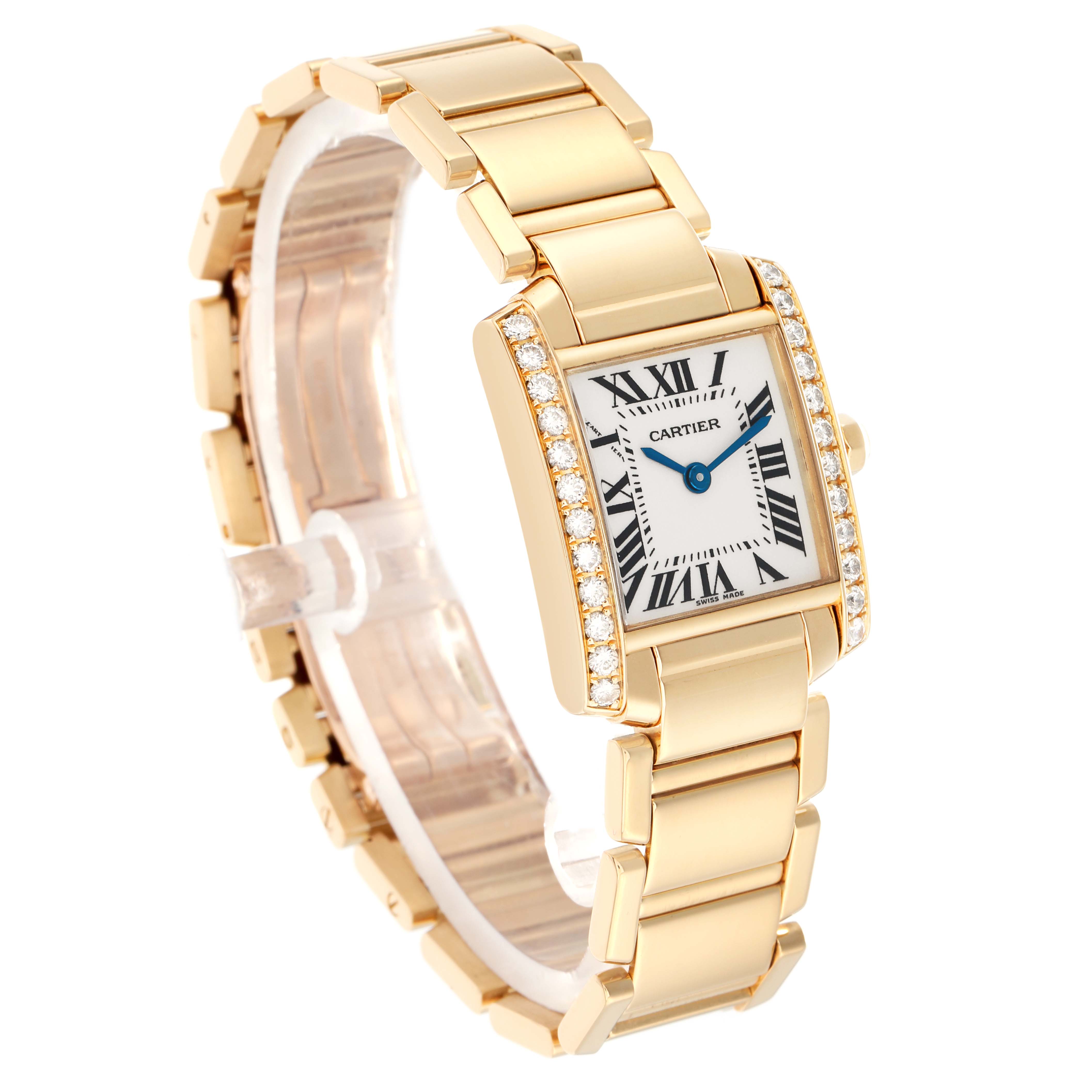 The Cartier Tank Française watch is shown at a three-quarter angle, highlighting its gold bracelet and diamond-encrusted bezel.