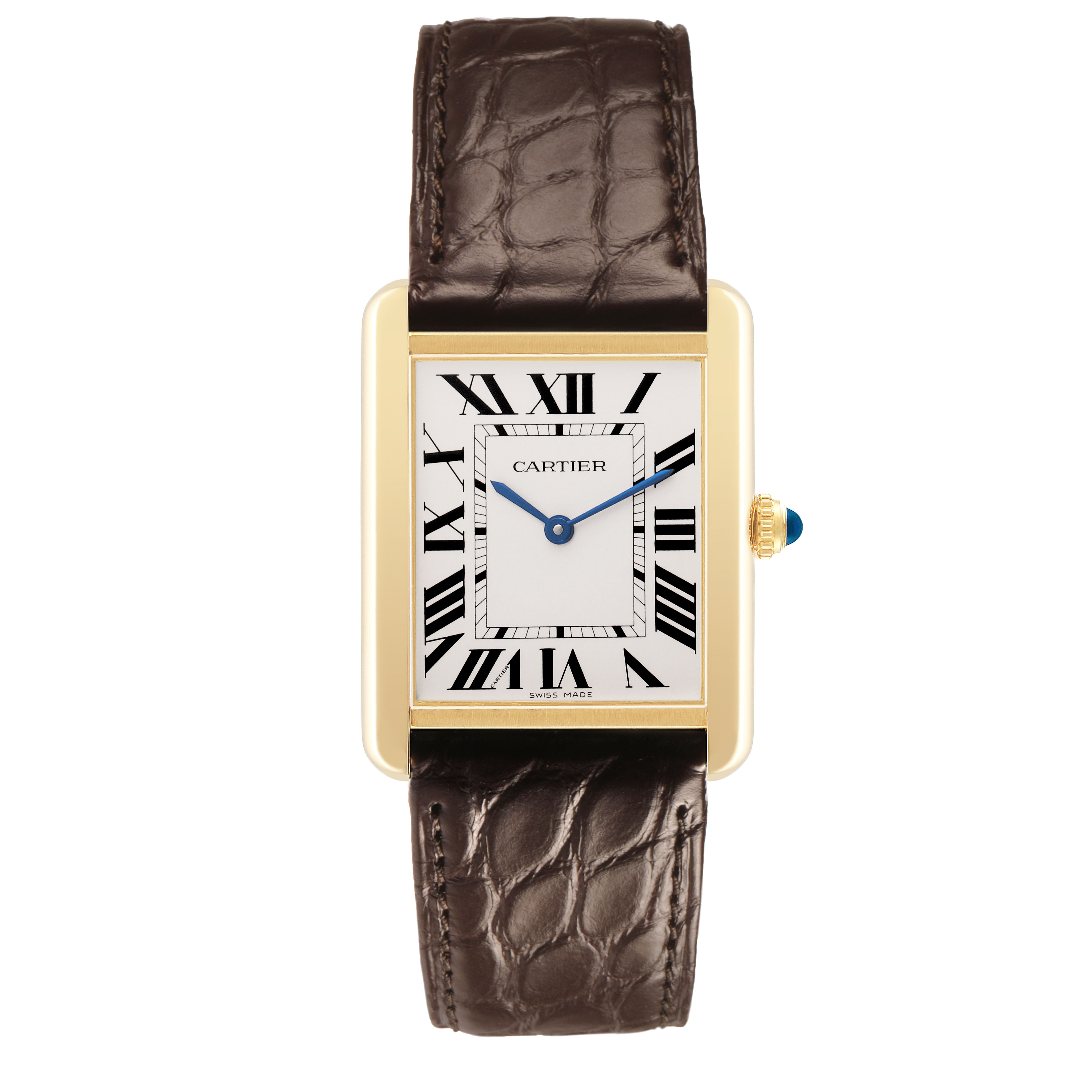 The Cartier Tank Solo W5200024 Women's Yellow Gold Silver Dial watch is shown from the front, displaying the face, gold case, and leather strap.