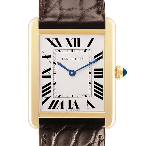 The Cartier Tank Solo W5200024 Women's Yellow Gold Silver Dial watch is shown from the front, displaying its rectangular face, Roman numerals, and blue hands.