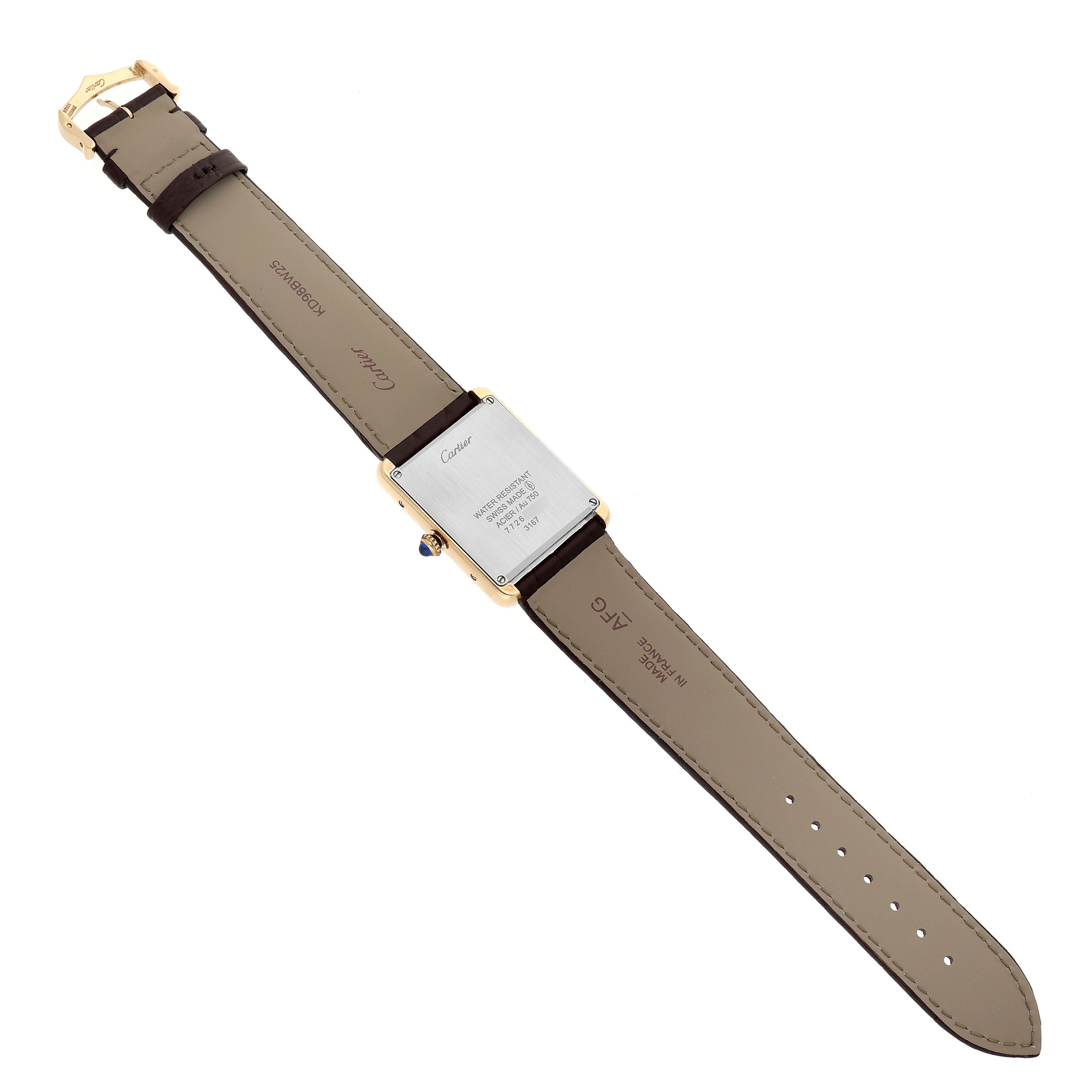 The Cartier Tank Solo W5200024 Women's Yellow Gold Silver Dial watch is shown from the back, displaying details on the case and strap.