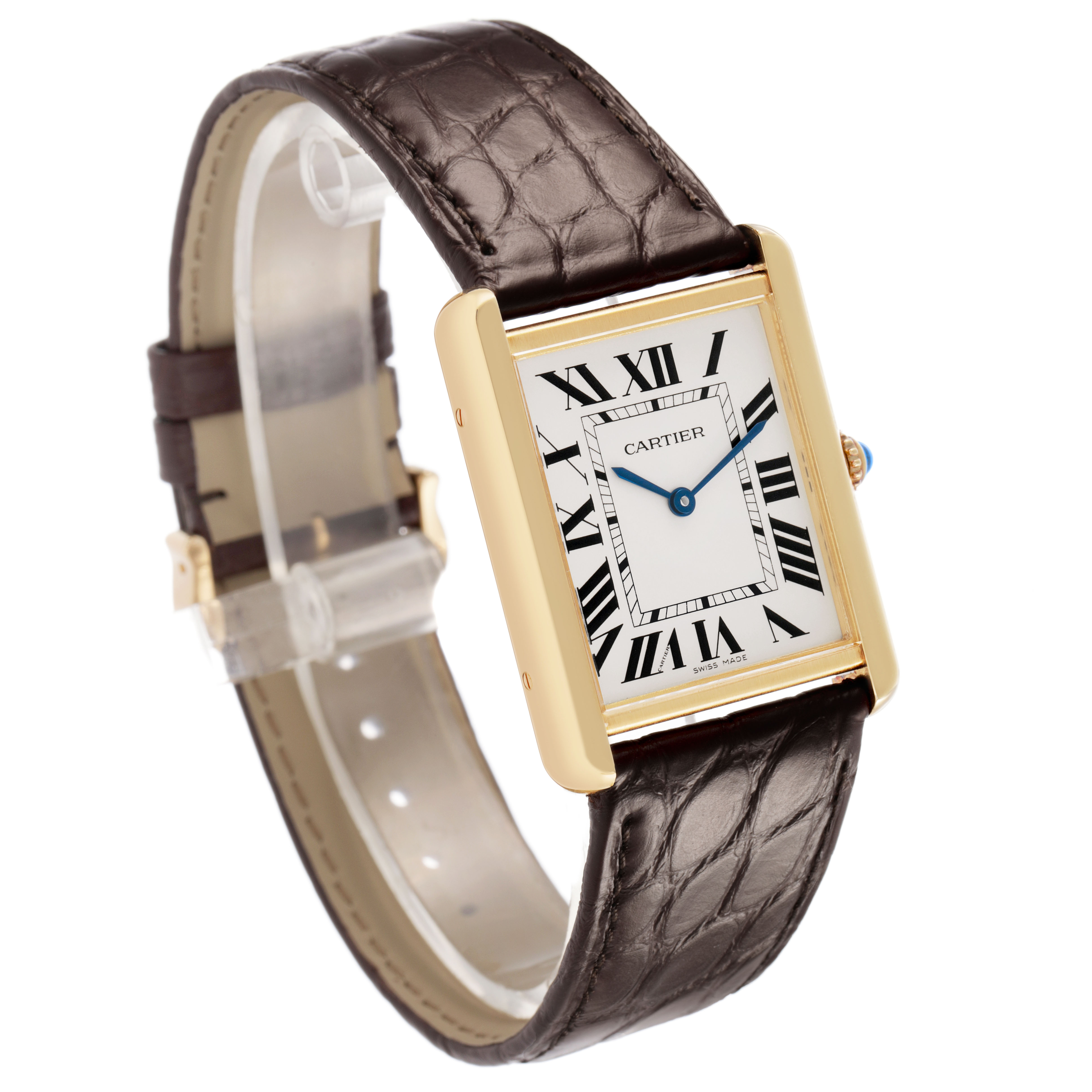 The Cartier Tank Solo W5200024 Women's Yellow Gold Silver Dial watch is shown at a three-quarter angle, displaying its rectangular face, Roman numeral markers, and leather strap.