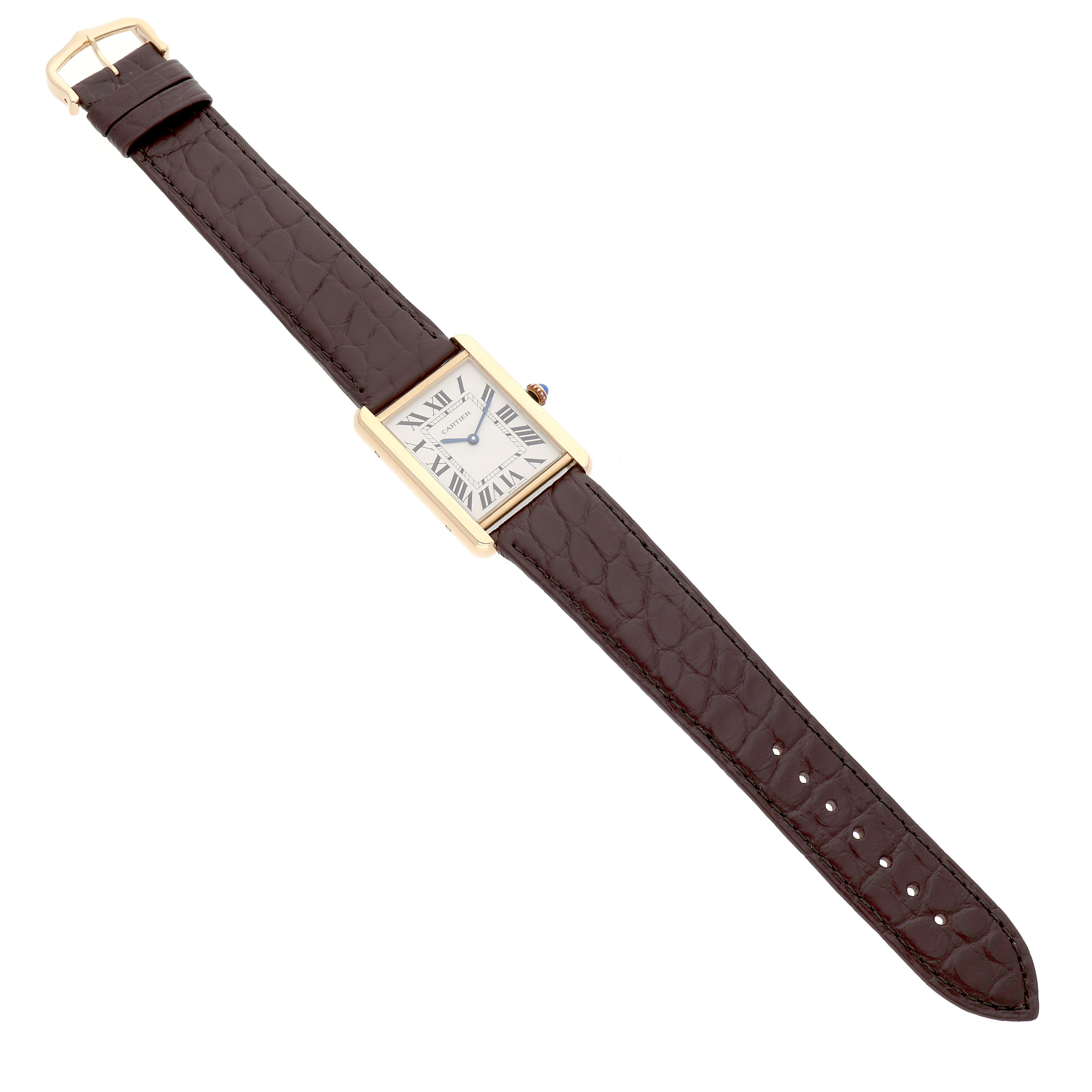 The Cartier Tank Solo W5200024 Women's Yellow Gold Silver Dial watch is shown from a top angle, displaying the face, case, and brown leather strap.