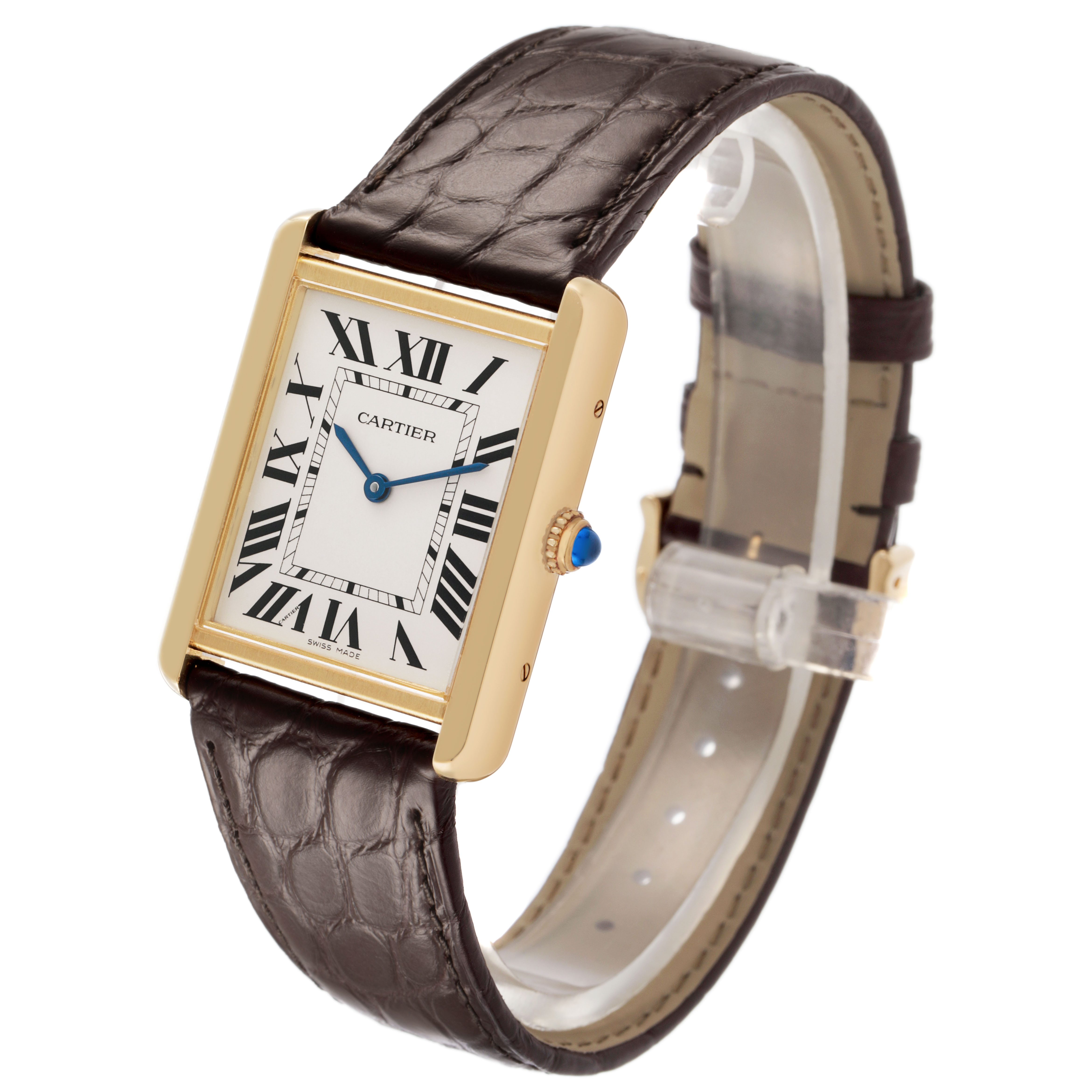 This Cartier Tank Solo W5200024 Women's Yellow Gold Silver Dial watch is shown at a slight angle, highlighting the dial, gold case, brown leather strap, and blue cabochon crown.