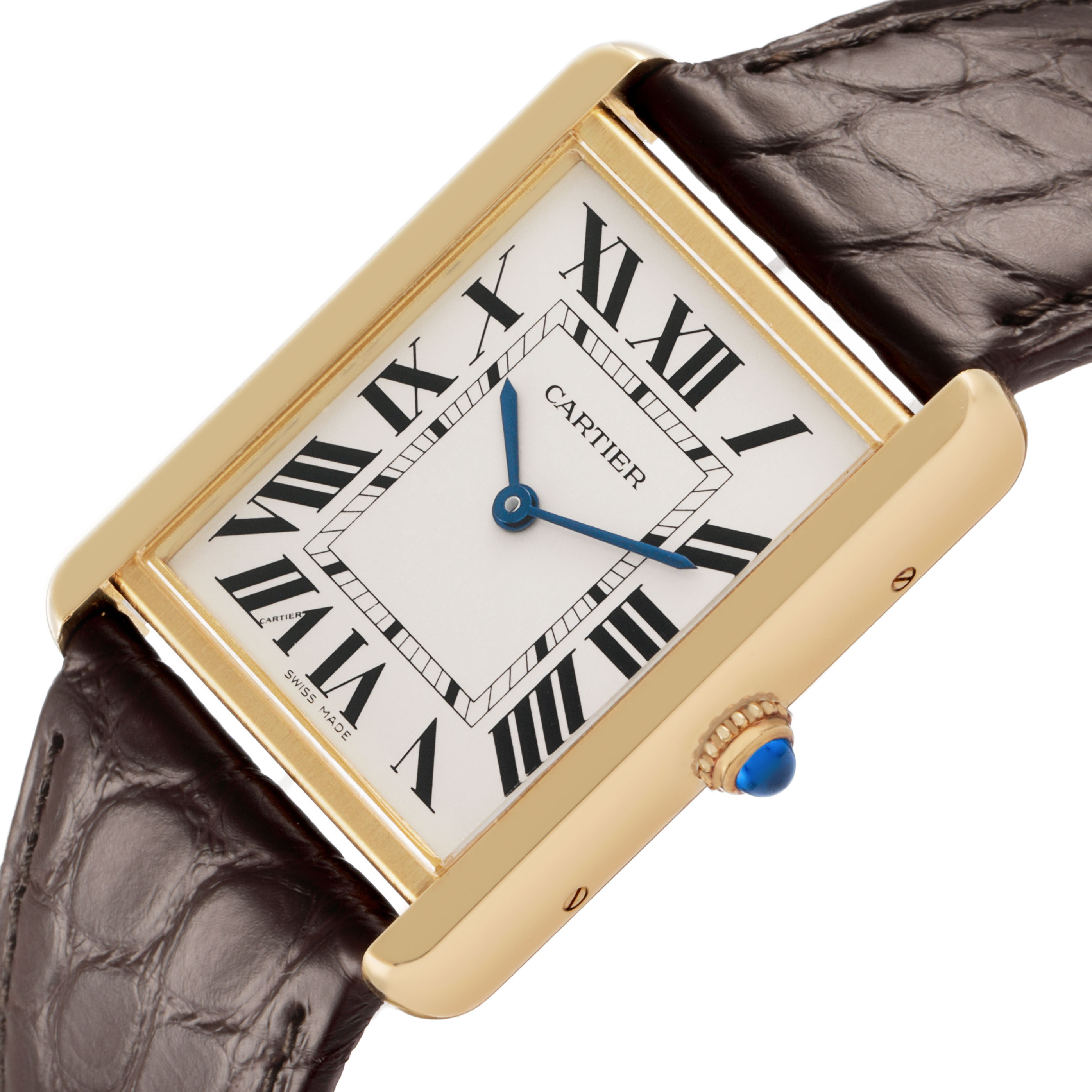 The Cartier Tank Solo W5200024 Women's Yellow Gold Silver Dial watch is shown at a tilted angle, highlighting its rectangular face, Roman numerals, and alligator leather strap.