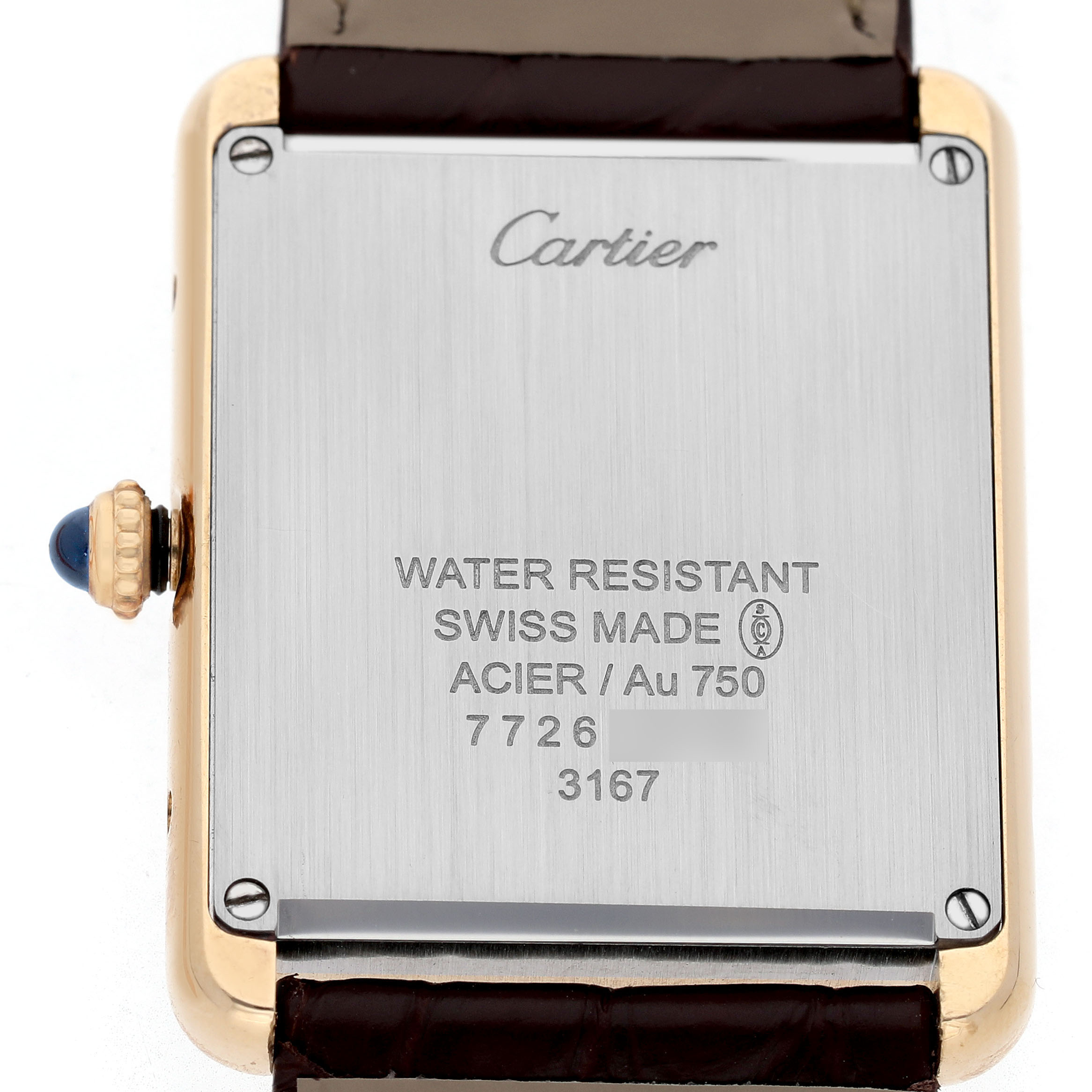 The Cartier Tank Solo W5200024 Women's Yellow Gold Silver Dial watch is shown from the back, displaying the crown with a blue cabochon and inscriptions.