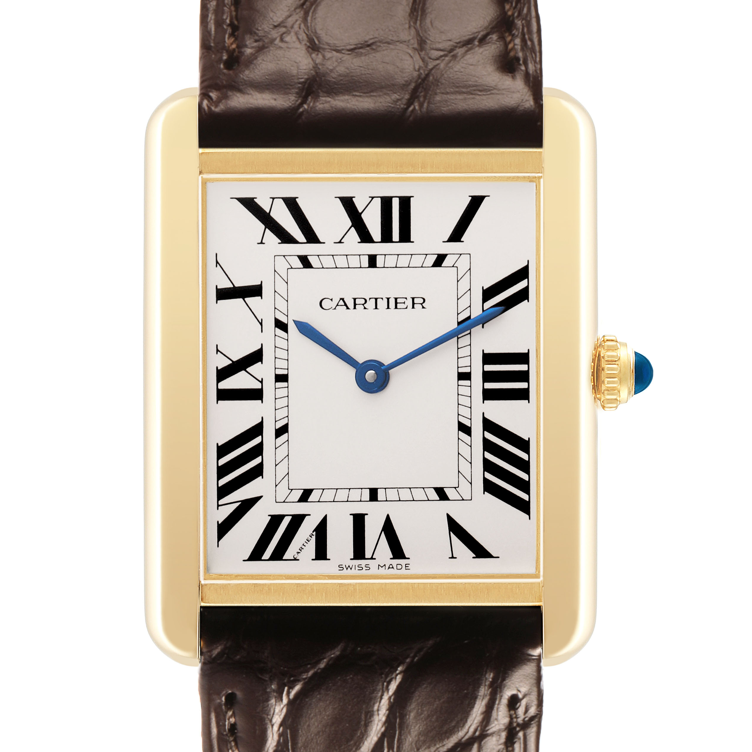 The Cartier Tank Solo W5200024 Women's Yellow Gold Silver Dial watch is shown from the front, highlighting the dial, Roman numerals, and crown detail.