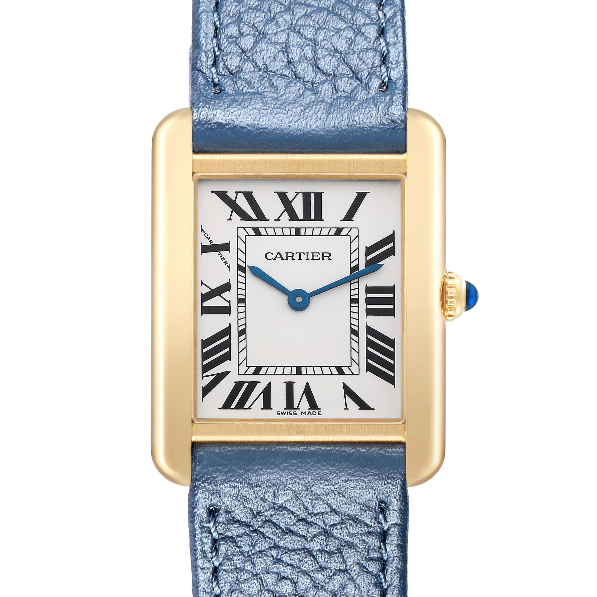 The Cartier Tank Solo W5200002 Women
s Yellow Gold Silver Dial watch is shown from a front angle, displaying its rectangular face, Roman numerals, and a blue leather strap.
